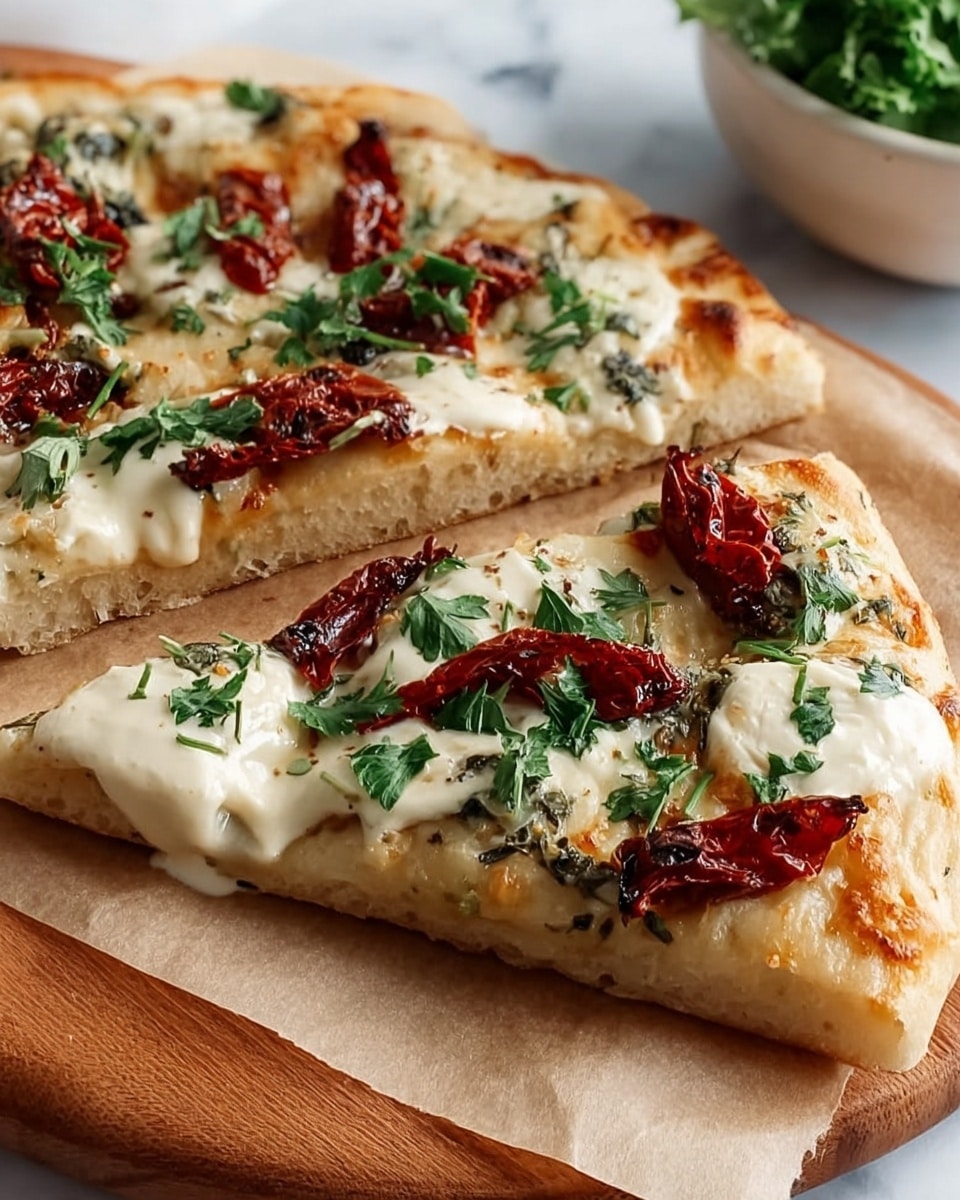 A flatbread pizza is shown on a white marbled surface, placed on crinkled parchment paper over a wooden board. The pizza has a golden-brown crust and is topped with a creamy white sauce drizzled in thick lines, sun-dried tomatoes in deep red, and fresh green herbs scattered throughout. There are bits of melted white cheese with a slightly browned texture underneath the sauce, along with visible small green leaves like spinach or basil. A white bowl filled with a beige creamy dipping sauce is partly visible in the background, next to some green leafy herbs. photo taken with an iphone --ar 4:5 --v 7