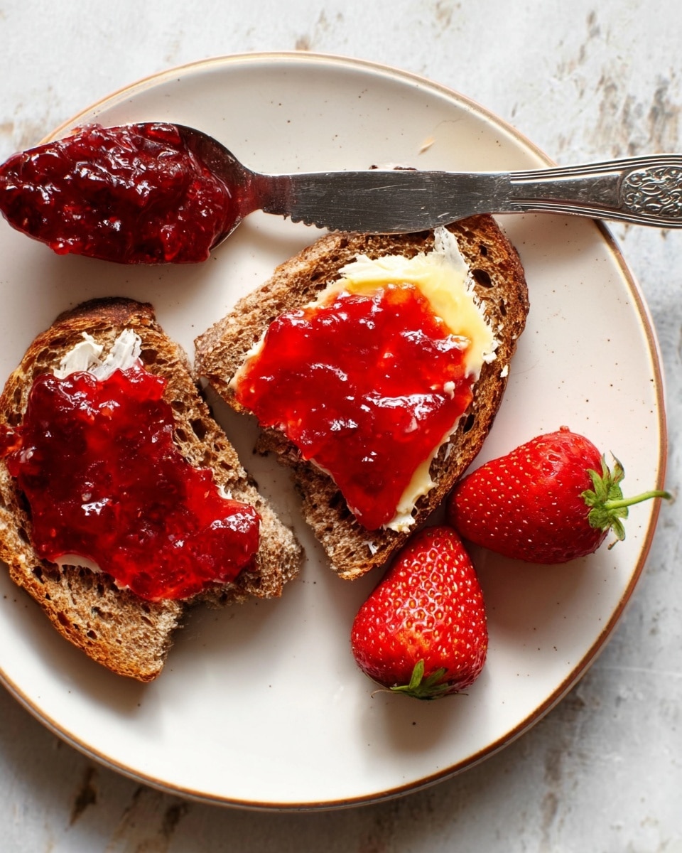 The image shows two pieces of toasted brown bread on a white plate, each topped with a layer of shiny red strawberry jam; one piece also has a layer of soft, light yellow butter underneath the jam. Next to the bread, there is a silver spoon holding a generous spoonful of the same strawberry jam. Two fresh, bright red strawberries are placed on the plate near the bread. The plate sits on a white marbled surface, and a vintage silver knife lies beside the bread. photo taken with an iphone --ar 4:5 --v 7