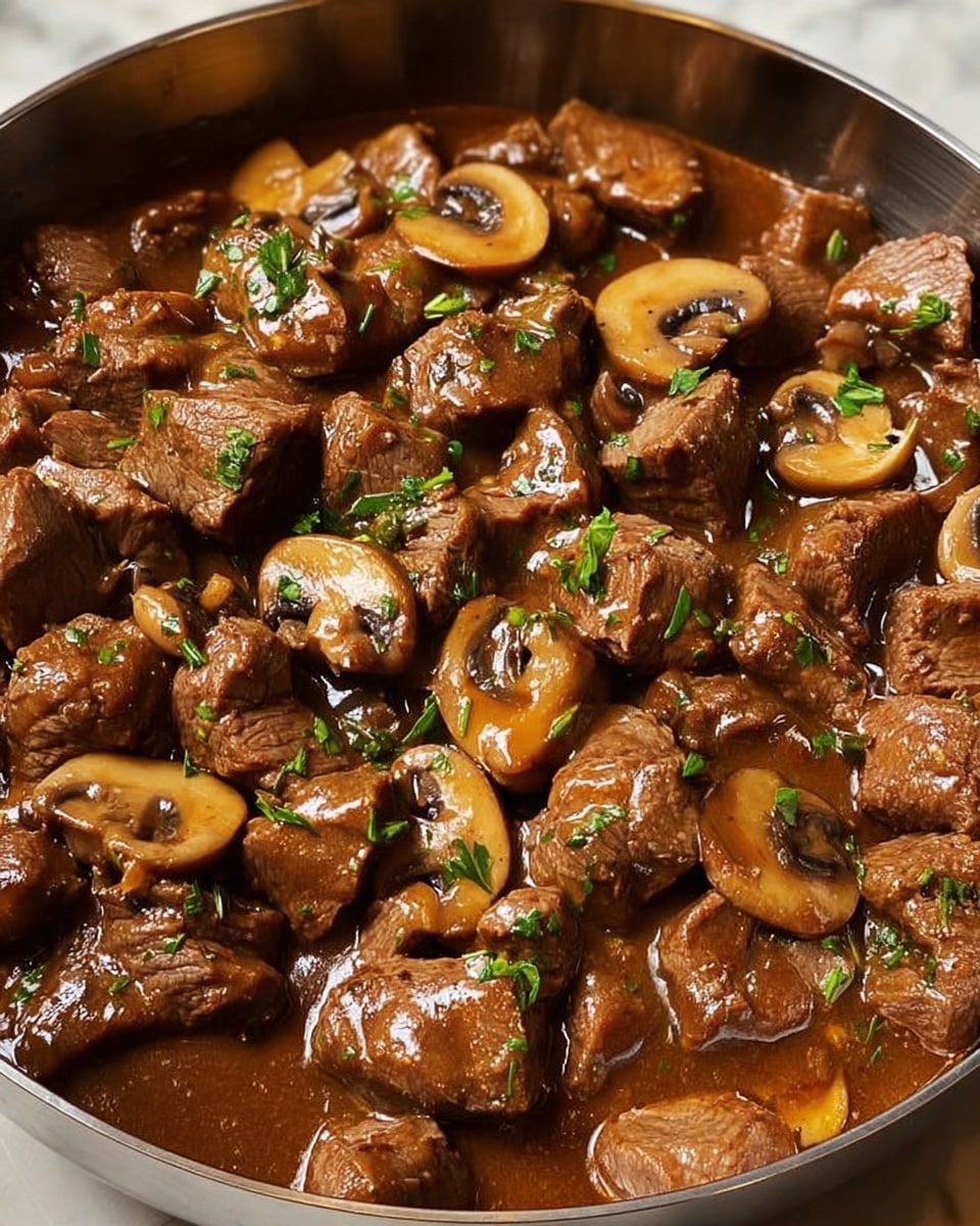 The image shows a close-up of a dish with chunks of brown meat and sliced mushrooms in a thick, shiny brown sauce, all mixed together in a round stainless steel pan. The meat pieces are medium-sized and slightly textured, with some small green herb bits scattered across the top. The mushrooms are light brown with visible gills, adding texture and color contrast to the dish. The sauce coats the meat and mushrooms evenly, giving a moist and rich appearance. The background surface is a white marbled texture. photo taken with an iphone --ar 4:5 --v 7