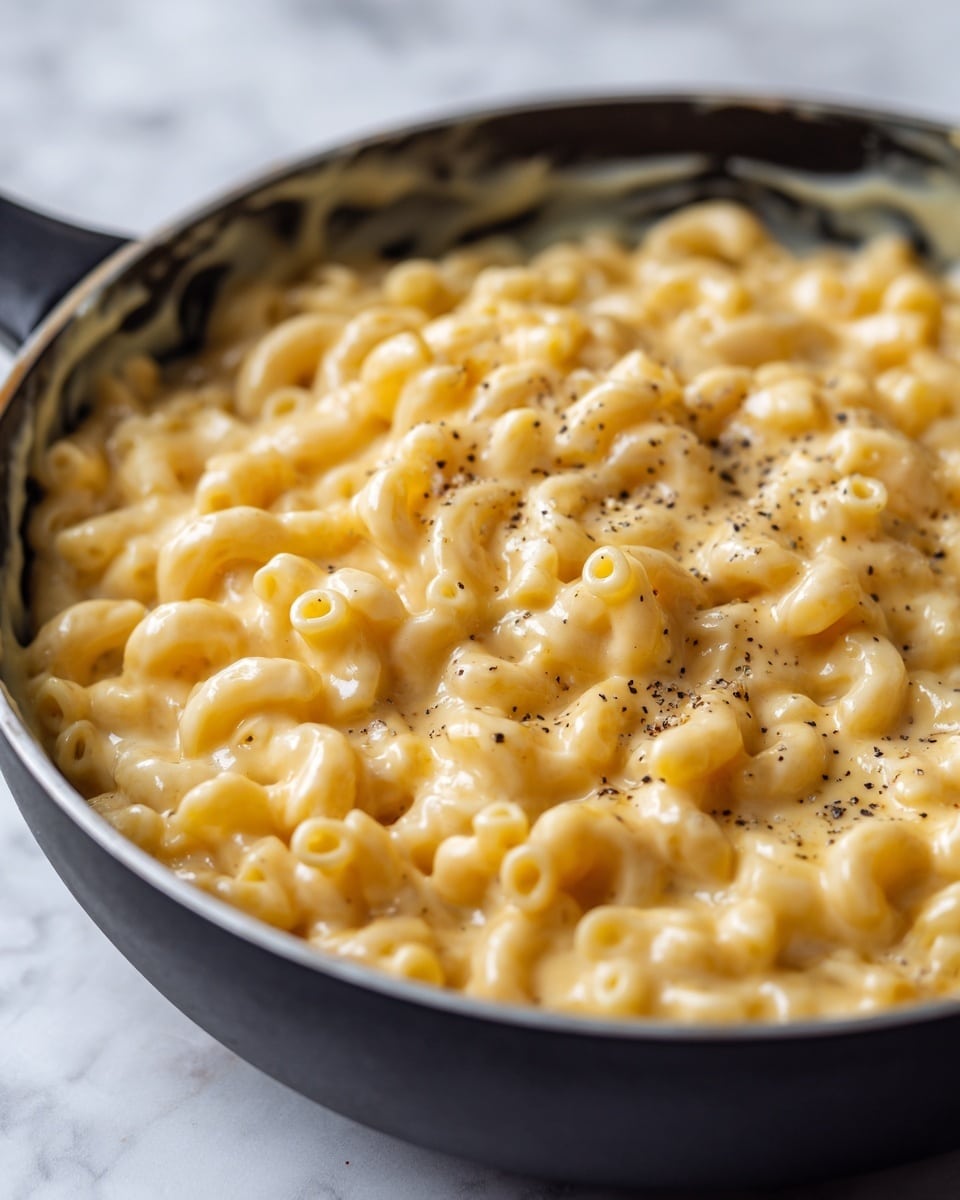 A close-up view of creamy macaroni and cheese is shown, with small elbow pasta coated in a rich, smooth, golden-yellow cheese sauce. The pasta pieces are tightly packed, covered in melted cheese with slight stretchiness and a few small black pepper flakes scattered on top. A black spoon lifts a generous scoop of the cheesy pasta, highlighting the gooey texture and creamy layers of sauce clinging to the noodles. The dish is set against a white marbled textured background. photo taken with an iphone --ar 4:5 --v 7