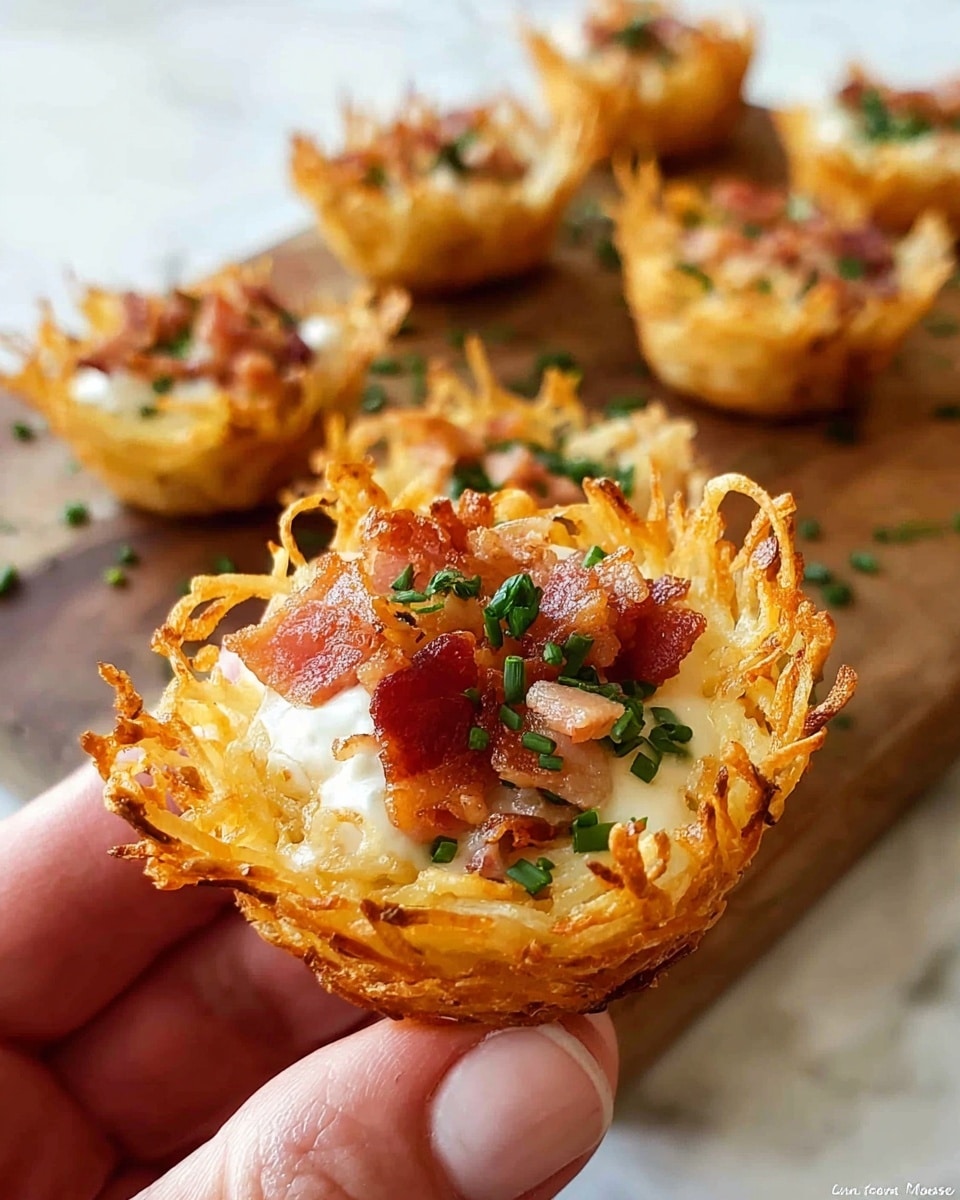A close-up of a small crispy golden basket-like cup made from fried shredded potatoes, filled with three layers: a bottom layer of light golden crispy potato strands forming a cup, a middle layer of white creamy sauce, and a top layer of small pieces of cooked reddish-brown bacon bits and green chopped chives. The basket is held by a woman's hand, with several similar baskets in the background placed on a wooden board, all with the same filling and sprinkled green herbs. The setting is on a white marbled surface. photo taken with an iphone --ar 4:5 --v 7