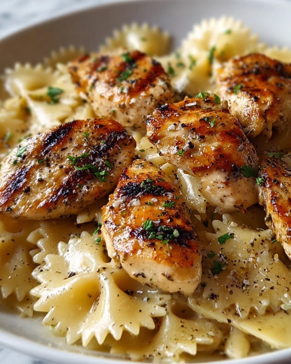 The image shows a close-up of a white bowl filled with bowtie pasta topped with several pieces of golden-brown grilled chicken breasts. The chicken has a textured, slightly crispy surface with scattered herbs and cracked black pepper, adding specks of green and dark brown across the chicken pieces. The pasta beneath is a pale yellow, smooth with slight ridges, partly covered by the chicken. The white marbled surface in the background helps highlight the warm colors of the food. photo taken with an iphone --ar 4:5 --v 7