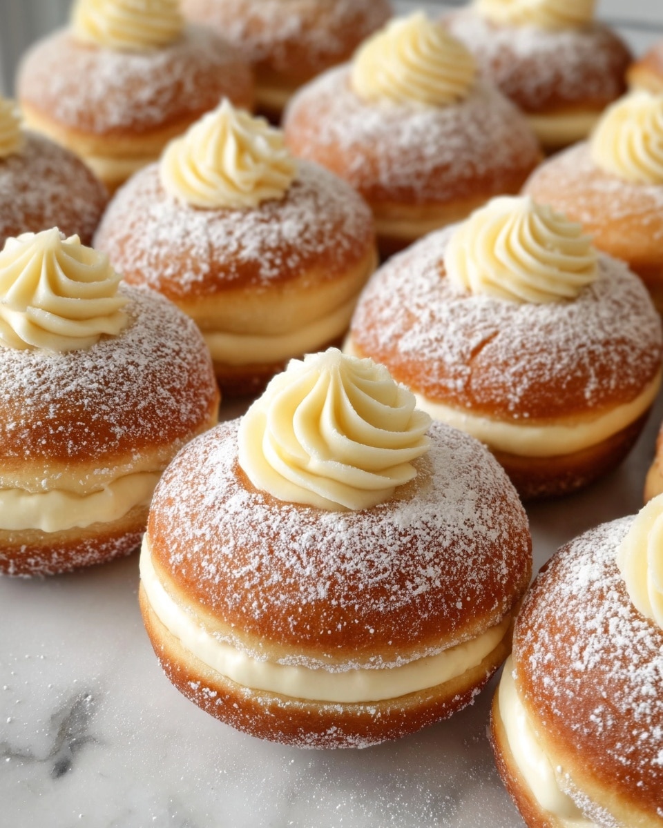 The image shows multiple soft, round doughnuts arranged closely together on a white marbled surface. Each doughnut has three visible layers: the bottom light brown fried dough, a creamy pale yellow filling sandwiched in the center, and a top light brown doughnut layer dusted with fine white powdered sugar. On top of each doughnut, there is a swirl of smooth, creamy, pale yellow frosting, piped neatly in a circular pattern. The doughnuts have a fluffy texture, and the overall look is clean and inviting. Photo taken with an iphone --ar 4:5 --v 7