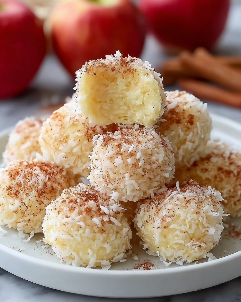 The image shows a white plate filled with round bite-sized balls that appear soft and slightly grainy in texture. Each ball is coated with a layer of shredded white coconut flakes and lightly dusted with a fine, brownish-red powder, likely cinnamon, giving a textured and colorful contrast. One ball is lifted above the others, showing its interior layer, which is creamy yellow and moist, suggesting a tender inside with a fluffy texture. The plate sits on a white marbled surface, and two red apples along with some cinnamon sticks are blurred in the background, adding a cozy, warm atmosphere. photo taken with an iphone --ar 4:5 --v 7