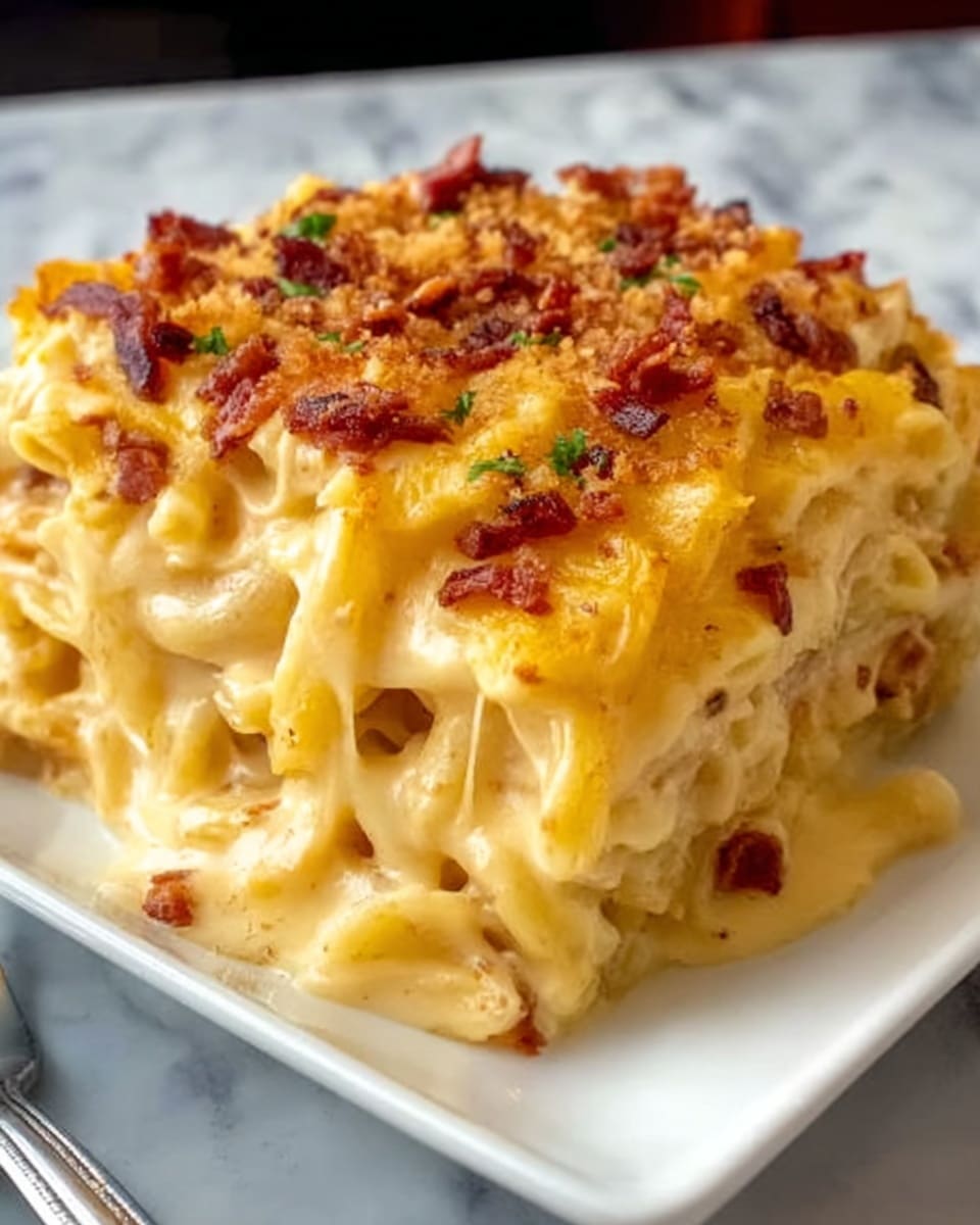 The image shows a close-up of a cheesy pasta bake on a white square plate, with three thick layers of creamy, melted yellow cheese covering baked pasta. The top layer is golden and bubbly with small bits of crispy browned topping, possibly bacon or breadcrumbs, adding texture and color contrast. The pasta inside is a pale yellow, partially visible under the melted cheese, with a smooth and gooey cheese sauce dripping slightly off the side. The background features a white marbled surface, and a silver fork rests at the edge of the plate. photo taken with an iphone --ar 4:5 --v 7