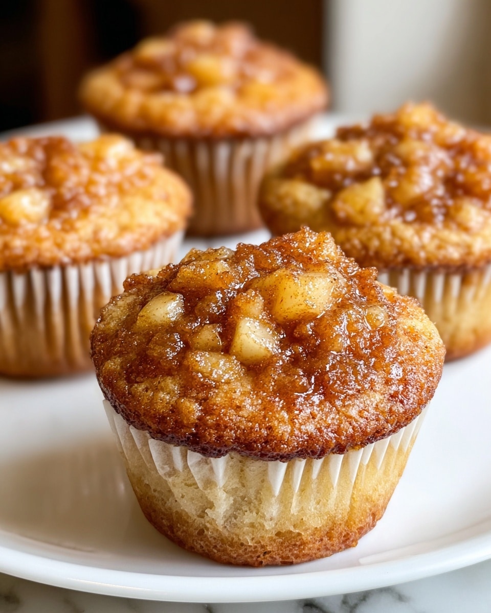 A close-up image of five muffins on a white plate placed on a white marbled surface, with one muffin in the front fully visible and the other four slightly blurred in the background, each muffin has a golden-brown base with a soft texture and a slightly darker outer edge, topped with a chunky layer of caramelized apple pieces mixed with cinnamon, giving a glistening, sticky appearance and a rich brown speckled texture, the muffins are in white paper liners showing a light crumb and moist body beneath the fruit topping, photo taken with an iphone --ar 4:5 --v 7