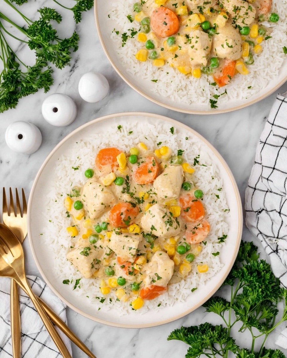 Two white round plates filled with a base layer of fluffy white rice, topped with a creamy mixture that includes chunky pieces of chicken, bright orange carrot slices, green peas, and yellow corn. The creamy sauce is light beige with visible specks of herbs on top, and fresh chopped green parsley is sprinkled over the dish. The plates sit on a white marbled surface with sprigs of parsley around along with a white salt and pepper set and gold utensils placed nearby. A white cloth with a black checkered pattern is also partially visible. photo taken with an iphone --ar 4:5 --v 7