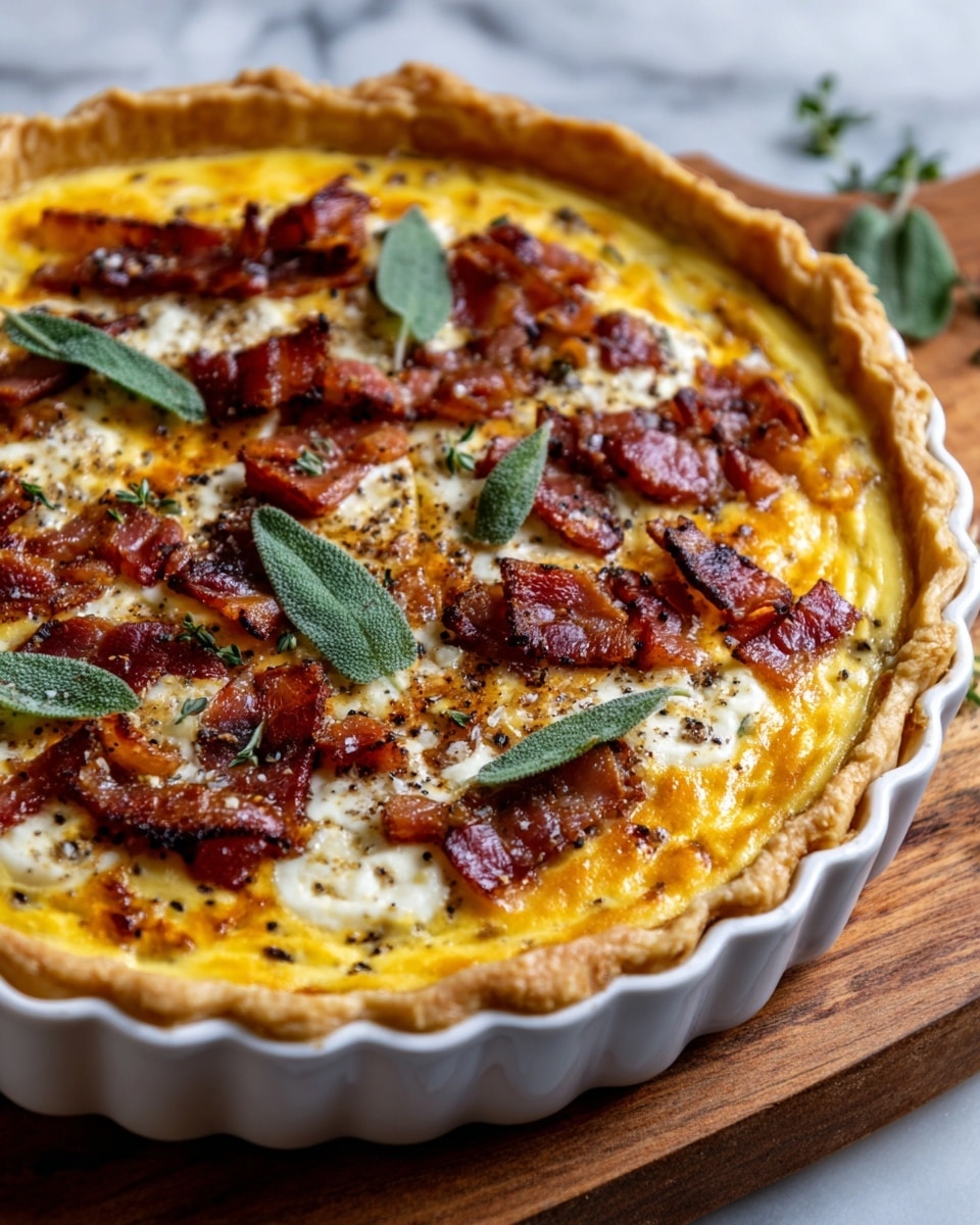 A golden-brown tart with a flaky crust shaped into a shallow, scalloped edge sits on a wooden board over a white marbled background. The tart has about three visible layers: a smooth, bright yellow layer at the bottom, a creamy white layer with a soft texture in the middle, and a top layer scattered with crispy, dark reddish-brown bacon pieces. On the top, several whole, fresh green sage leaves are arranged, and thin sprinkles of white cheese and small green herb leaves are spread across the surface, adding texture and color contrast. Photo taken with an iphone --ar 4:5 --v 7