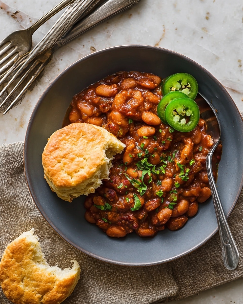 A deep gray bowl holds a thick serving of reddish-brown baked beans mixed with chunks of meat, topped with finely chopped green herbs and two slices of fresh green jalapeño pepper on the right side; resting on the beans on the left side is a round piece of biscuit with a golden crust, one side showing a bite taken out revealing soft, airy inside. Below the bowl on a rough beige fabric napkin is another broken biscuit exposing its tender inside. The bowl is placed on a white marbled texture surface with two old silver forks and a knife visible in the top left corner. photo taken with an iphone --ar 4:5 --v 7