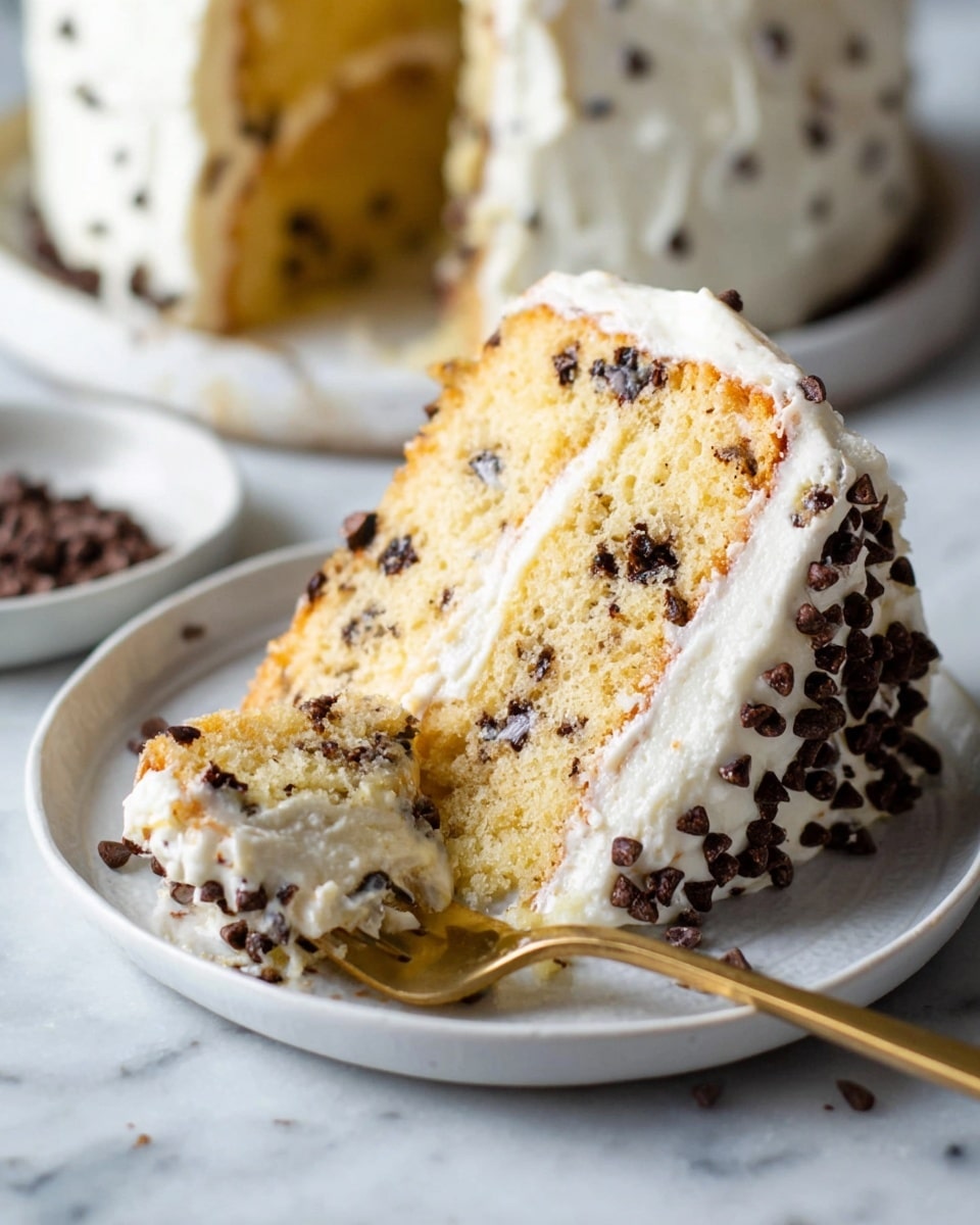 A slice of two-layer light yellow cake with many small dark chocolate chips mixed inside each layer, topped and filled with thick white frosting that has a smooth texture and some chocolate chip sprinkles on the side, resting on a white plate on a white marbled surface, with a piece of the cake on a fork in the foreground. Photo taken with an iphone --ar 4:5 --v 7