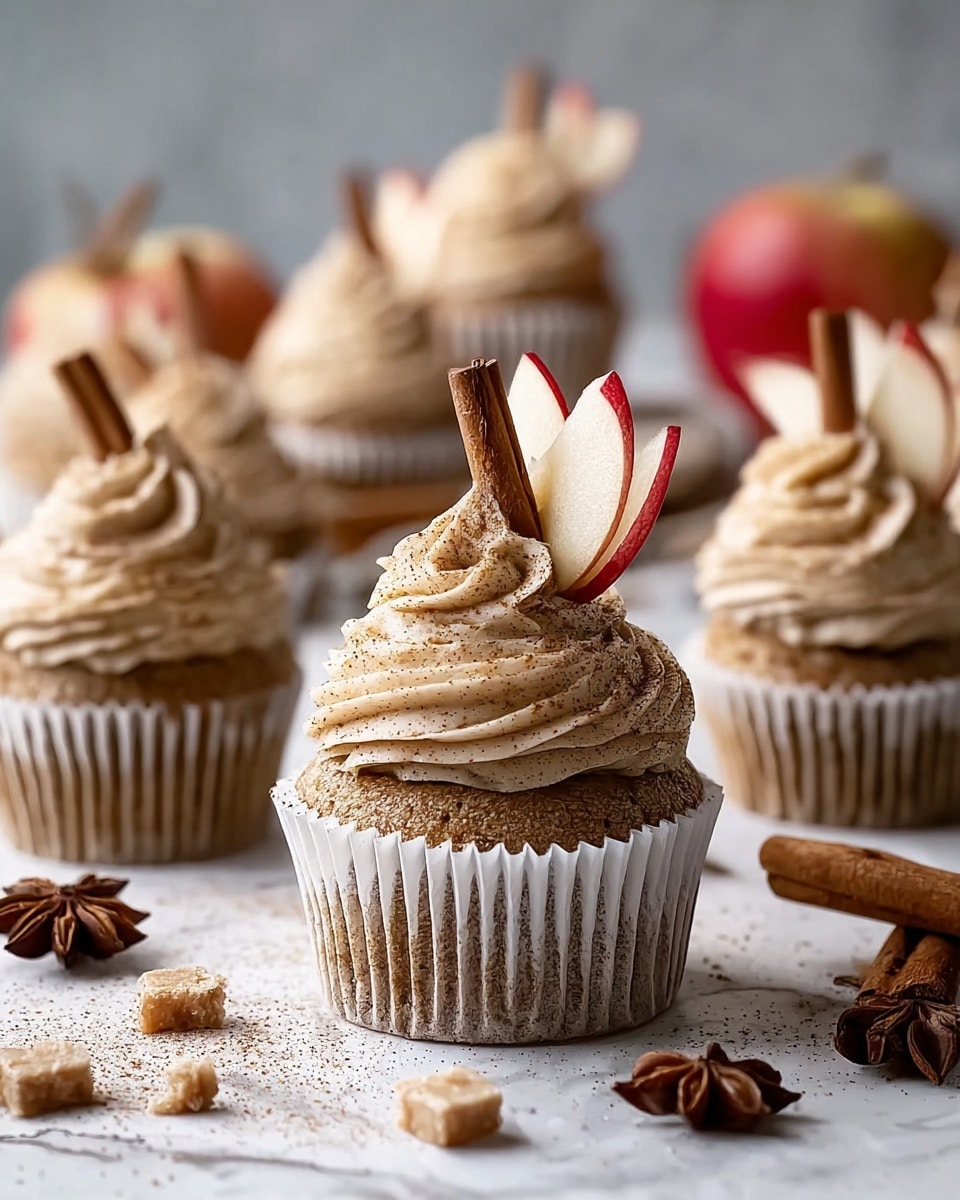 The image shows several brown cupcakes in white paper liners on a white marbled surface. Each cupcake has one tall swirl of light beige frosting dusted with fine specks of spice on top. There are two thin red and white apple slices and one cinnamon stick standing upright embedded in the frosting of each cupcake. Around the cupcakes on the white marbled surface are scattered star anise, light brown sugar chunks, and sprinkled spice powder, creating a warm, cozy look. The background is softly blurred with more cupcakes and apples visible. Photo taken with an iphone --ar 4:5 --v 7