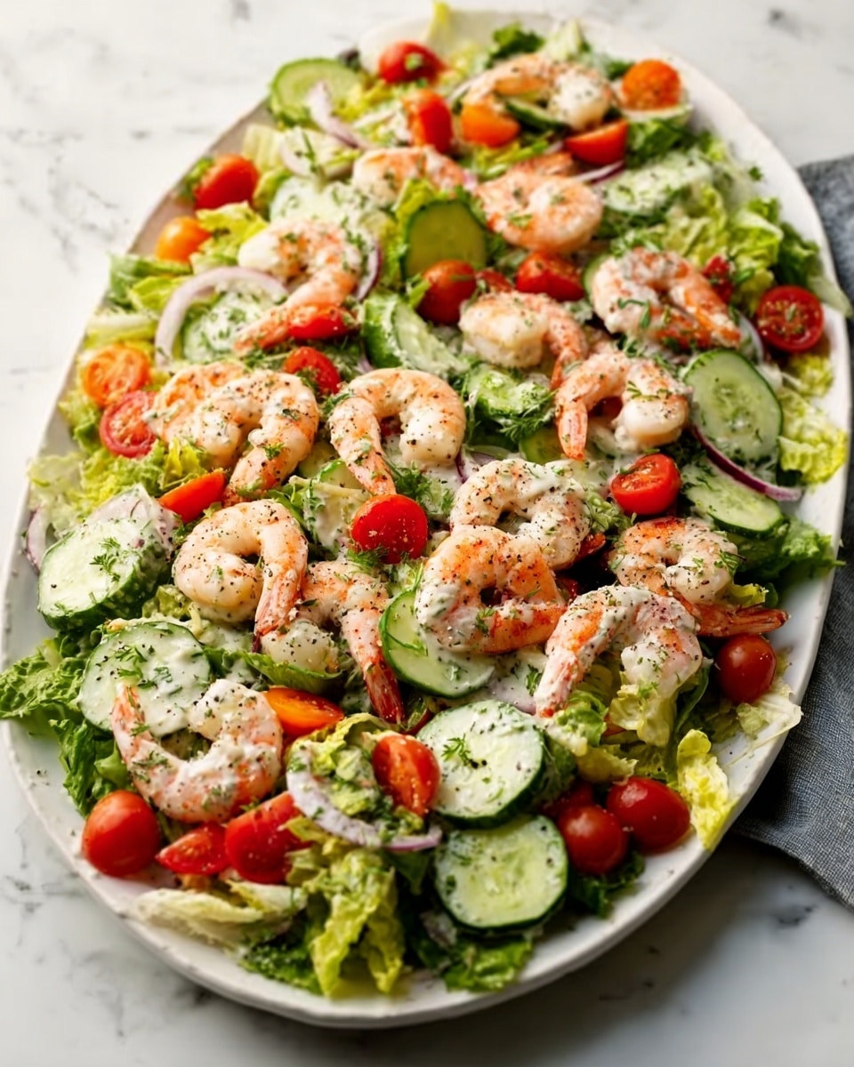 A large white ceramic oval plate sits on a white marbled surface, filled with a fresh shrimp salad. The salad has three main layers: the bottom layer is a bed of green leafy lettuce, on top of which there are green cucumber slices and small red cherry tomato halves scattered evenly. The third layer includes pink cooked shrimp placed on top of the vegetables and sprinkled lightly with black pepper and herbs. The mix of colors includes vibrant greens, reds, and pale pink shrimp, creating a fresh and lively look. Photo taken with an iphone --ar 4:5 --v 7