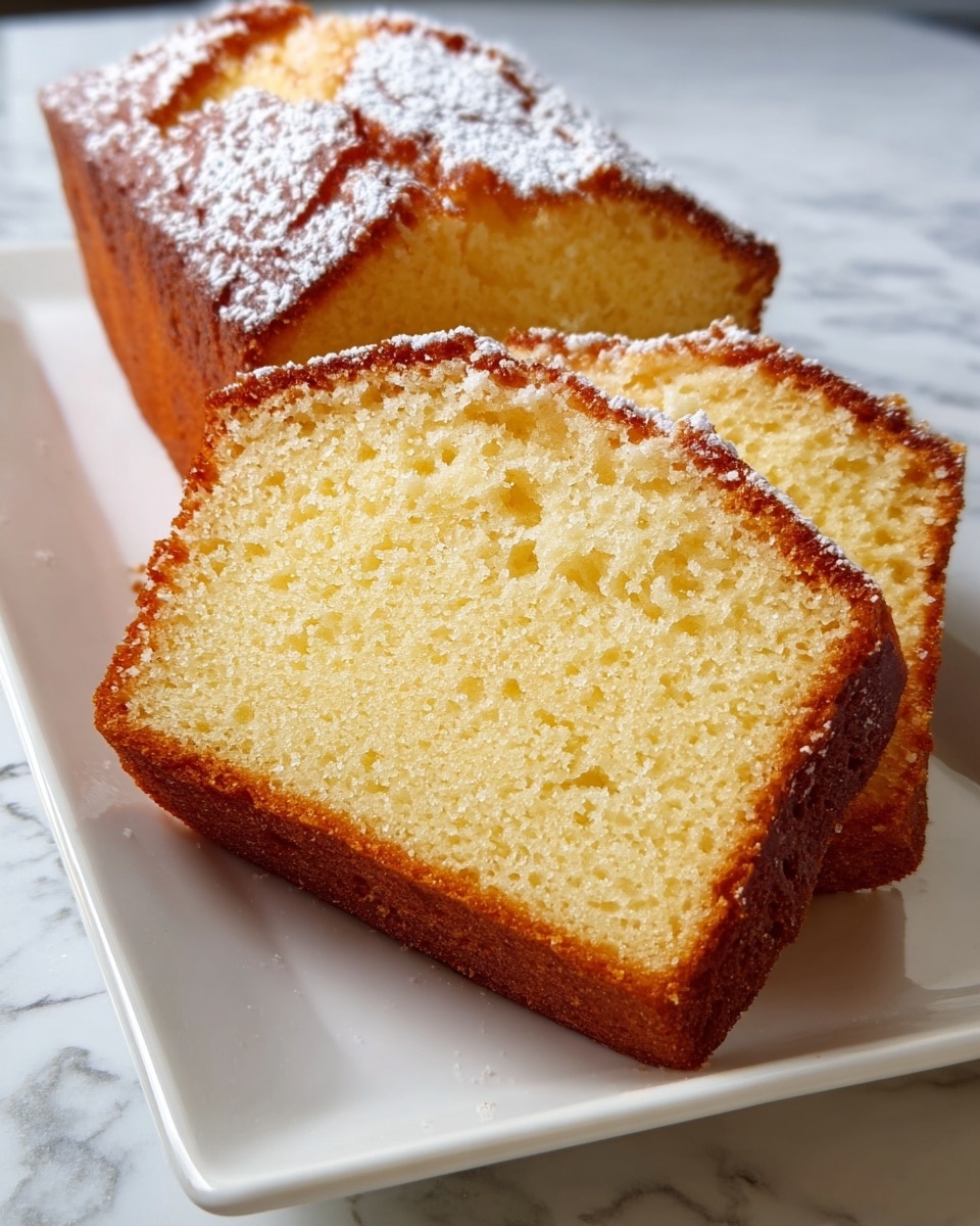 A golden brown loaf cake with a slightly crisp, darker crust and a soft, moist inside, sliced on one end to show its light yellow, fine crumb texture. The top of the cake is sprinkled evenly with white powdered sugar, which contrasts with the warm brown crust. The cake sits on a white rectangular plate placed on a white marbled surface. Photo taken with an iphone --ar 4:5 --v 7