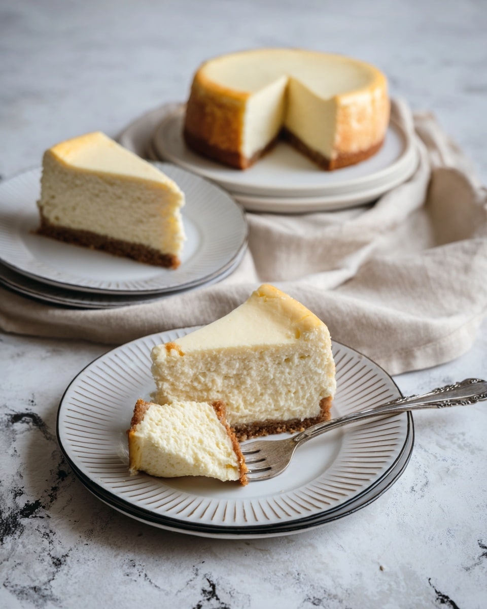 The image shows three slices of cheesecake placed on white plates with ridged textures and thin black rims. Each slice has two clear layers: a light brown crust at the bottom and a creamy, pale yellow cheesecake layer on top. The slice in the center sits on a white plate on top of a folded beige cloth, with a fork holding a small bite of the cheesecake resting beside it. The other two slices are on plates directly on a white marbled textured surface with black and gray marks. The overall scene is simple, focusing on the smooth, dense texture of the cheesecake and the crisp edges of the crust. Photo taken with an iphone --ar 4:5 --v 7