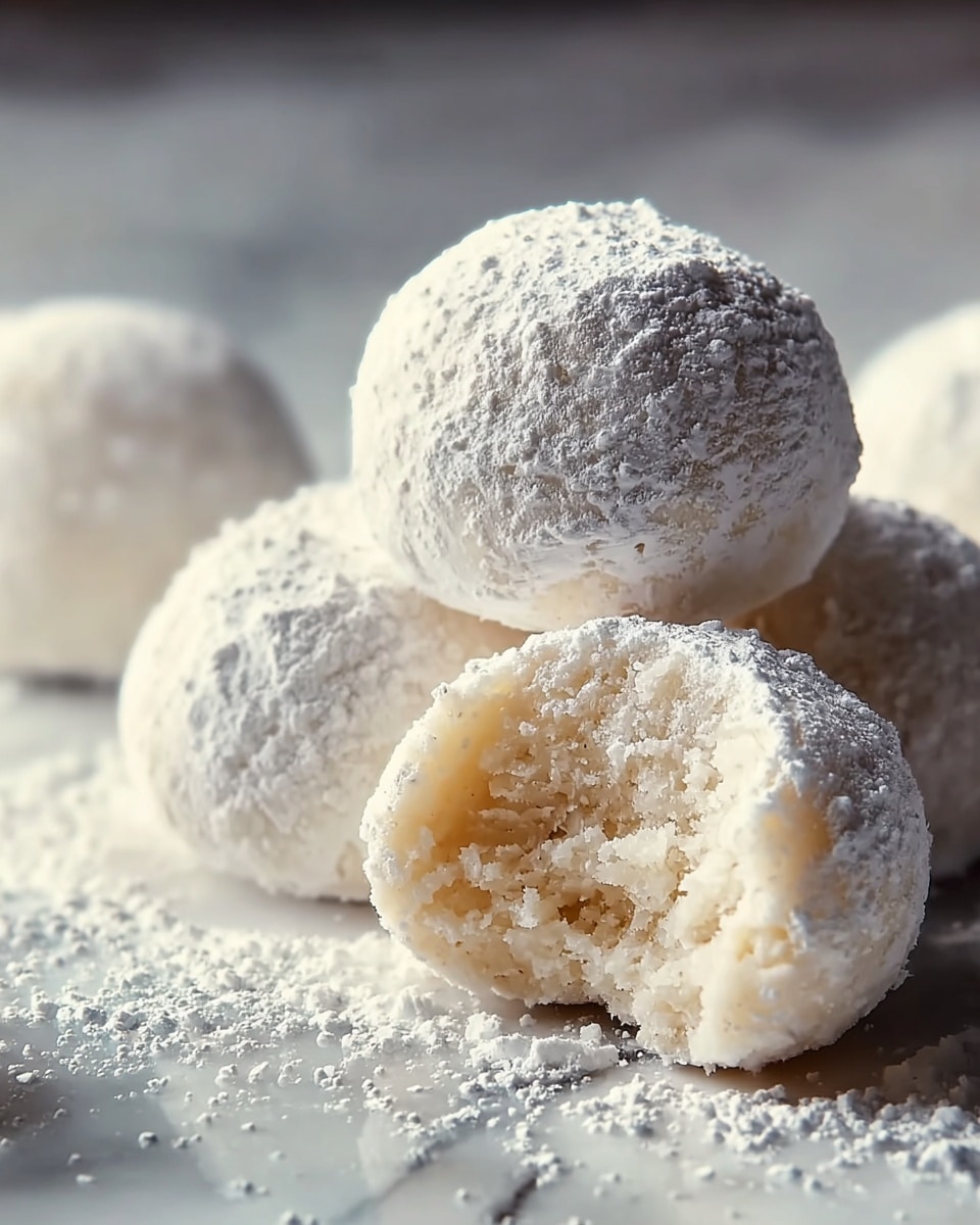 The image shows several small round snowball cookies covered in a thick layer of white powdered sugar. The cookies have a rough texture underneath the powder, and one cookie in the center is bitten into, revealing a soft, crumbly inside with a pale yellow color. The cookies sit closely together on a white plate with intricate edges, all resting on a white marbled surface. The overall look is soft and delicate with a monochrome white and light cream color palette. photo taken with an iphone --ar 4:5 --v 7