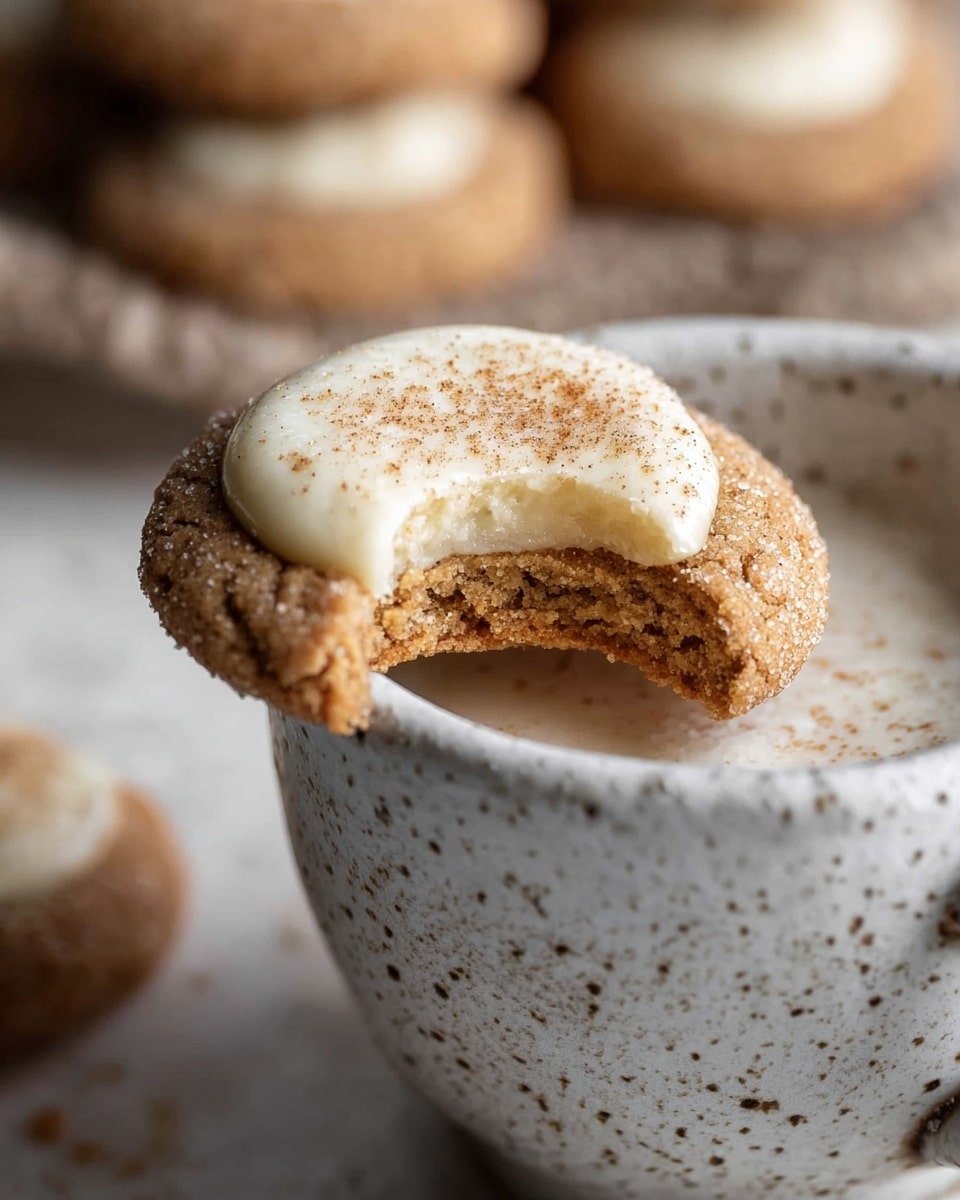A close-up image showing a bitten cookie resting on the edge of a white speckled cup filled with a creamy beverage. The cookie has two layers: a light brown spiced dough coated with sugar and a smooth cream topping with a light dusting of cinnamon or nutmeg on top. The background is a soft white marbled texture and blurred cookies are visible in the distance. Photo taken with an iphone --ar 4:5 --v 7