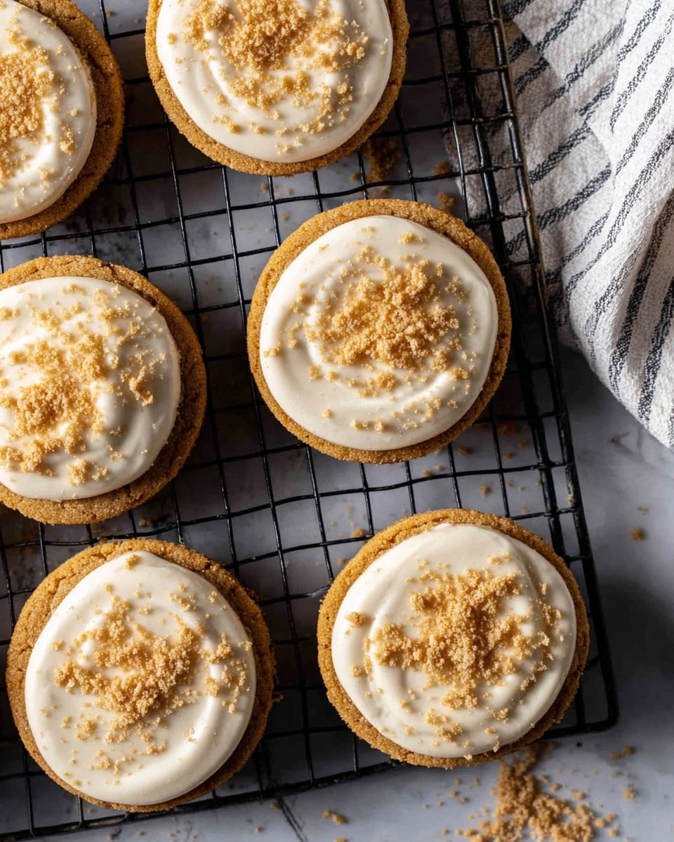 Six round cookies sit on a black cooling rack over a white marbled surface. Each cookie has a single thick layer, with the bottom layer being a golden brown cookie base. On top of this is a smooth layer of off-white frosting, spread in swirled patterns. Light brown cookie crumbs are sprinkled on top of the frosting and also scattered around on the white marbled surface. A white cloth with thin black stripes is partially visible in the top right corner. Photo taken with an iphone --ar 4:5 --v 7