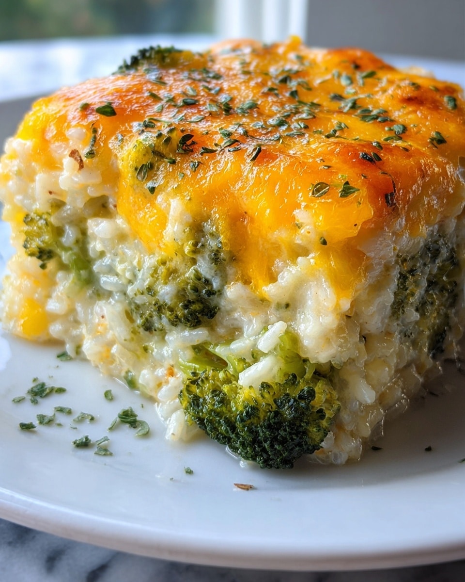 A close-up of a square piece of broccoli and rice casserole on a white plate, showing three visible layers: at the bottom, soft cooked rice mixed with small broccoli florets in a creamy white sauce; the middle layer has more broccoli and rice with melted, gooey yellow cheese; the top layer is a golden-brown baked cheese crust with melted cheese spots and small green herb sprinkles. The background is a white marbled texture, slightly blurred, and natural light brightens the dish from behind. photo taken with an iphone --ar 4:5 --v 7