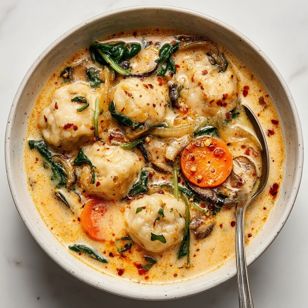The image shows a white bowl filled with a creamy soup that has soft, golden dumplings floating on top. The soup has a light yellow color with visible pieces of orange carrots and dark green spinach leaves mixed in. The dumplings appear fluffy and slightly bumpy, with specks of black pepper sprinkled over everything. A spoon lifts one dumpling with some soup, showing the thick texture and a few small bits of vegetables. The bowl sits on a white marbled surface, with a blue cloth partially visible in the background. Photo taken with an iphone --ar 4:5 --v 7