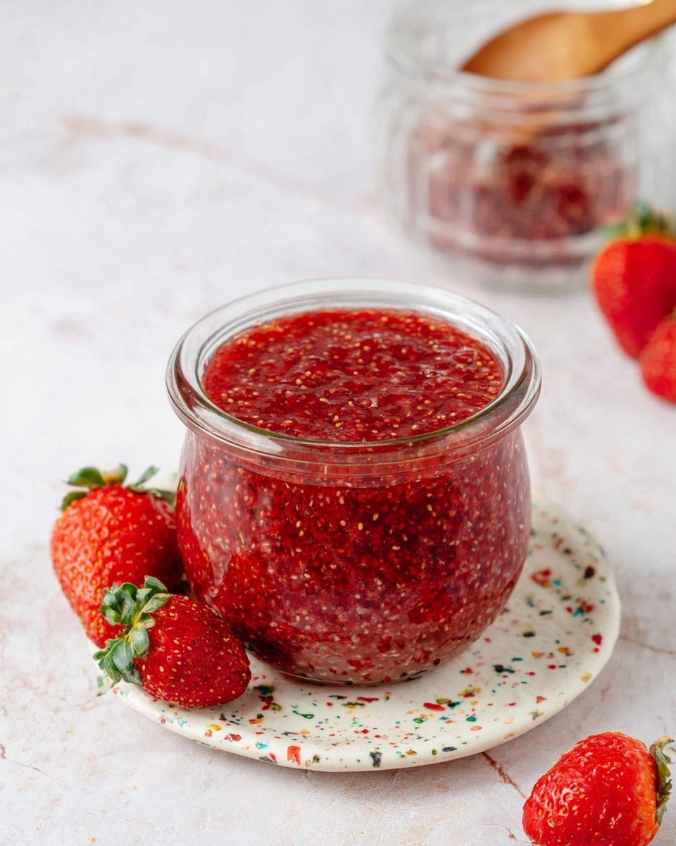 A clear glass jar filled with chunky red strawberry chia jam, with visible small chia seeds evenly mixed throughout the jam. The jar sits on a round white terrazzo board with multi-colored speckles, placed on a white marbled surface. Fresh bright red strawberries with visible seeds surround the jar, and a white cloth with a strawberry pattern rests nearby. The background is a soft pinkish-gray blurred texture. Photo taken with an iphone --ar 4:5 --v 7