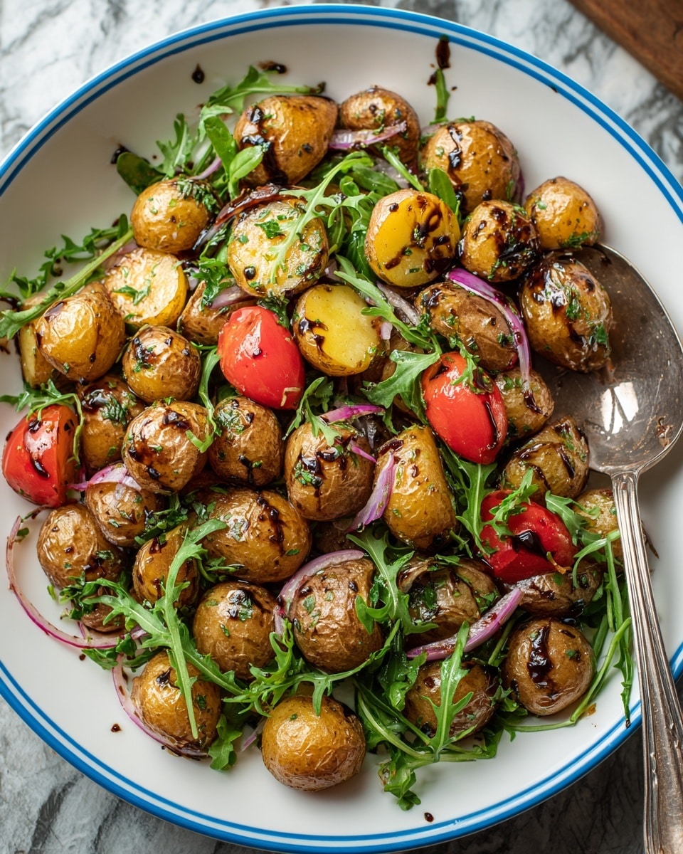 A white plate with a blue rim holds a salad made of small golden-brown roasted potatoes, some sliced in half showing a soft yellow inside, mixed with fresh green arugula leaves and thin slices of red onion throughout. Bright red cherry tomatoes add pops of color, and the entire dish is coated with a shiny dark balsamic glaze. A silver spoon is placed inside the plate on the right side, and the background is changed to a white marbled texture. photo taken with an iphone --ar 4:5 --v 7