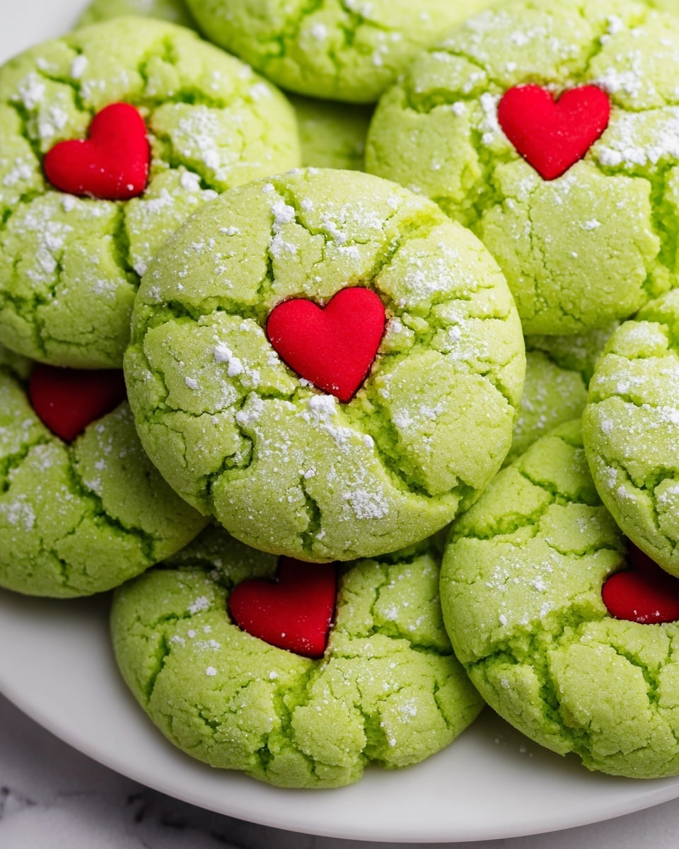 A close-up view shows a pile of soft, cracked bright green cookies with a powdery texture on top, arranged closely on a white plate. Each cookie has a small, smooth red heart shape placed in the center, adding a pop of color against the green. The cookies have uneven surfaces with visible cracks and some white powdered sugar sprinkled lightly over them. The scene is set against a white marbled texture. photo taken with an iphone --ar 4:5 --v 7
