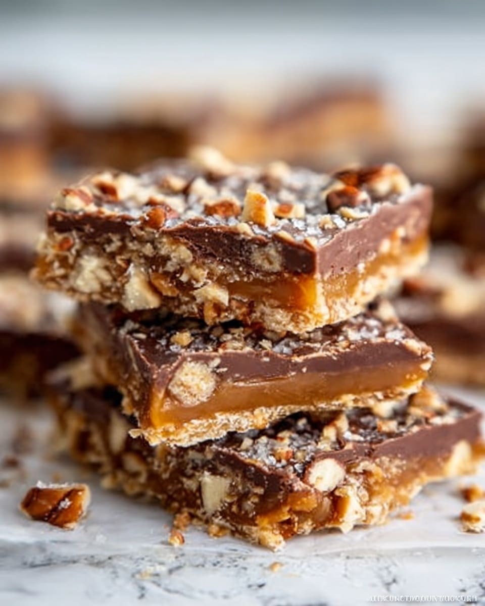 The image shows a close-up view of stacked chocolate toffee bars on a white marbled surface. Each bar has three visible layers: a crunchy caramel toffee base, a middle layer covered in smooth melted chocolate, and a top sprinkled with chopped nuts giving a rough, textured look. The bars are cut into rectangular pieces with slightly uneven edges. The background is softly blurred, keeping focus on the rich details of the bars. Photo taken with an iphone --ar 4:5 --v 7