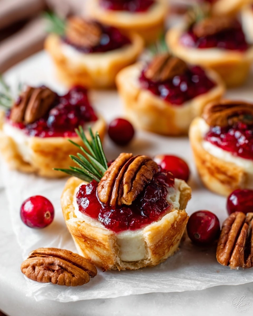This image shows a group of small tartlets placed on white parchment paper on top of a white marbled surface. Each tartlet has three visible layers: a golden brown, flaky crust forming the base and edges; a creamy off-white cheese layer inside the crust; and a bright red cranberry sauce dollop on top. Each tartlet is garnished with a single brown pecan half and a small sprig of green rosemary, adding texture and color contrast. Around the tartlets, there are scattered whole cranberries and pecans. The close-up shot focuses on the front tartlets while the background tartlets softly blur. photo taken with an iphone --ar 4:5 --v 7