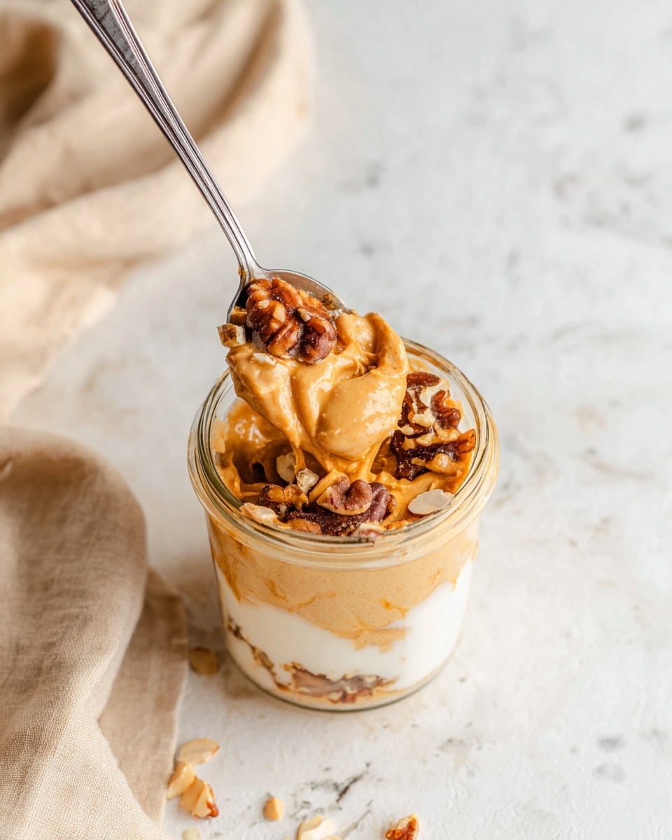 Two small clear glass jars are filled with a thick orange-colored creamy mixture, likely pumpkin or sweet potato puree. Each jar is topped with a crunchy granola layer that has a golden-brown color and clumpy texture, giving contrast to the smooth base layer. The jars sit on a white marbled surface with a soft off-white cloth casually placed in the background, and the overall setting is bright and clean. photo taken with an iphone --ar 4:5 --v 7