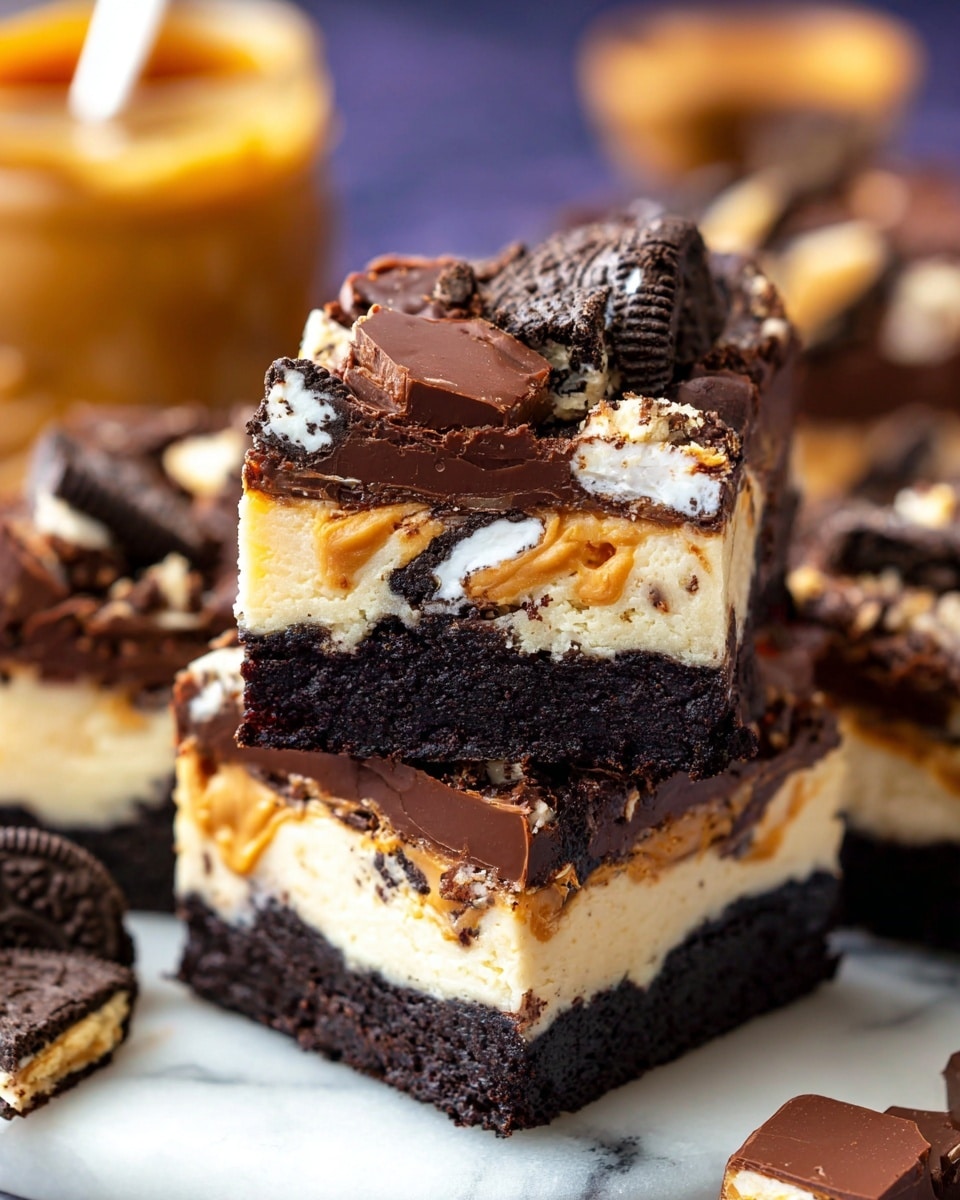 A thick slice of layered dessert sits on a white plate with a white marbled texture surface below. The bottom layer is dark, moist chocolate cake. Above it is a thick creamy white cheesecake layer with bits of dark chocolate mixed in. The top layer is a dense chocolate fudge sprinkled with broken pieces of chocolate and candy bars, all drizzled with glossy caramel sauce that flows down the sides. A woman's hand holds a fork lifting a bite, showing the dense texture of all three layers stacked neatly. Additional caramel sauce and crumbs are scattered on the plate around the dessert. photo taken with an iphone --ar 4:5 --v 7