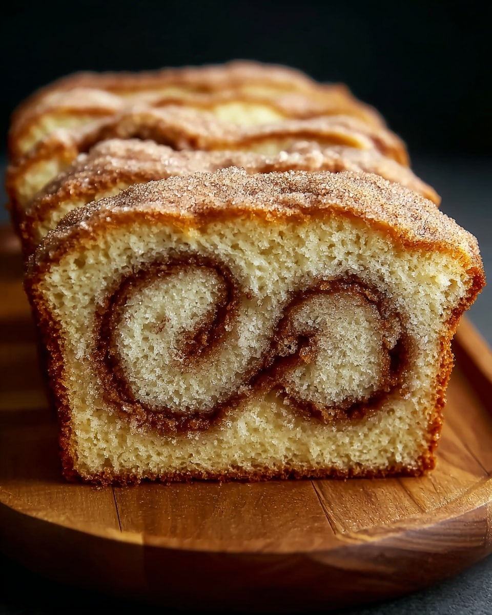 A close-up view of a sliced cinnamon swirl cake loaf with six visible slices arranged behind the main slice in front. The cake has two main layers: a moist light yellow sponge with a soft texture, and a cinnamon sugar swirl layer in the center, forming two loops that look like an infinity symbol. The top of the cake is sprinkled with a golden brown cinnamon sugar mixture that gives it a slightly crunchy texture. The loaf sits on a wooden board with a dark background, highlighting the cake’s warm colors. photo taken with an iphone --ar 4:5 --v 7