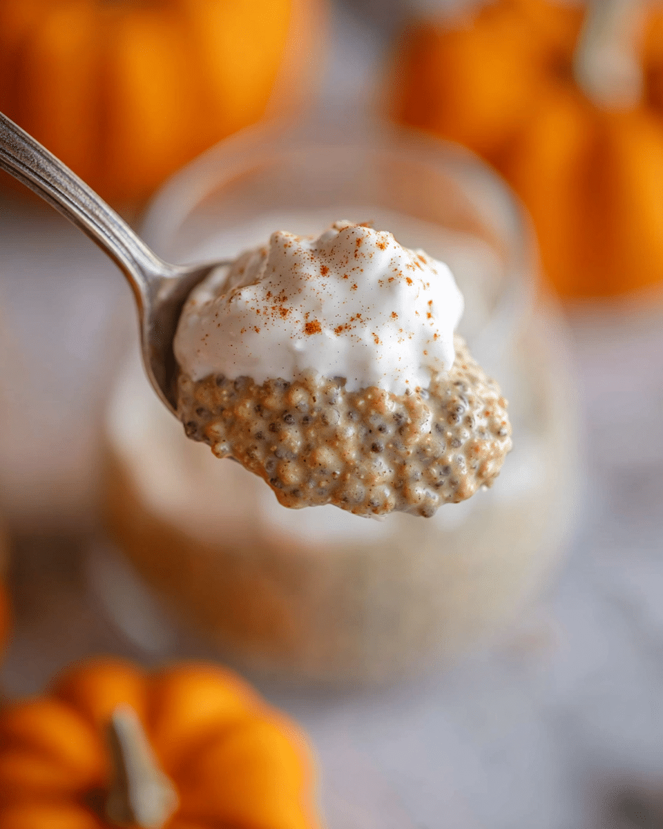 A close-up view of a silver spoon holding a two-layer mixture; the bottom layer is thick and textured with a light brown color and visible small seeds, showing a pudding-like consistency, while the top layer is a fluffy, white cream with a smooth texture and specks of cinnamon powder. The spoon is held above a white marbled surface with blurred small orange pumpkins in the background, adding a warm and cozy feel. Photo taken with an iphone --ar 4:5 --v 7