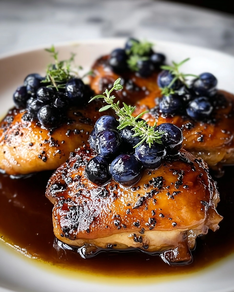 Three pieces of cooked chicken thighs with a golden brown color and black pepper specks on the skin sit on a white plate. Each piece is topped with small, dark purple blueberries that shine with juice, and fresh green herb sprigs are placed on top for decoration. A thick, dark brown sauce pools around the chicken, adding a glossy finish. The background has a white marbled texture. photo taken with an iphone --ar 4:5 --v 7