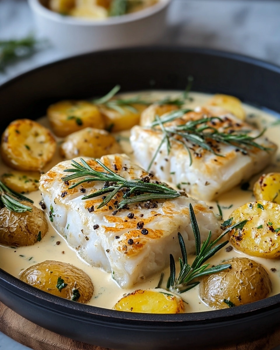 A black round pan holds two thick white fish fillets with light golden-brown grill marks on top, sprinkled with black pepper and fresh green rosemary sprigs. Surrounding the fish are several halved roasted baby potatoes with a yellowish-brown crispy skin and pale yellow insides, all sitting in a creamy light beige sauce that looks smooth and rich. The pan is set on a white marbled surface with part of a white bowl blurred in the background. photo taken with an iphone --ar 4:5 --v 7