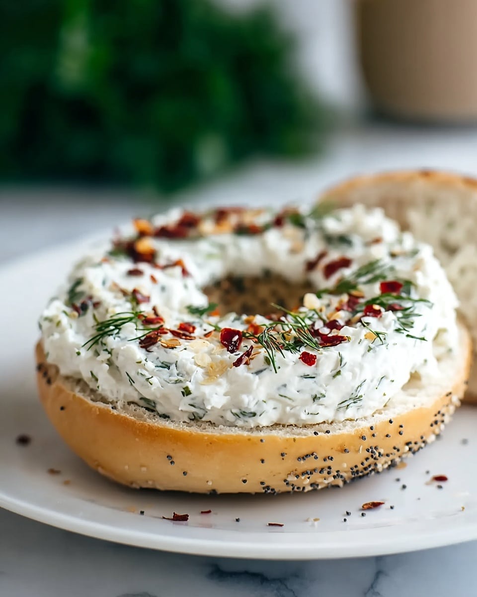A close-up of a sliced poppy seed bagel on a white plate, with the top side up showing its light tan color and small black poppy seeds on the crust; a thick layer of white cream cheese mixed with green herbs like dill covers the surface of the bagel, sprinkled with small red chili flakes and more finely chopped herbs for texture and color contrast; the plate rests on a white marbled surface, with a blurry leafy green background in soft focus. photo taken with an iphone --ar 4:5 --v 7