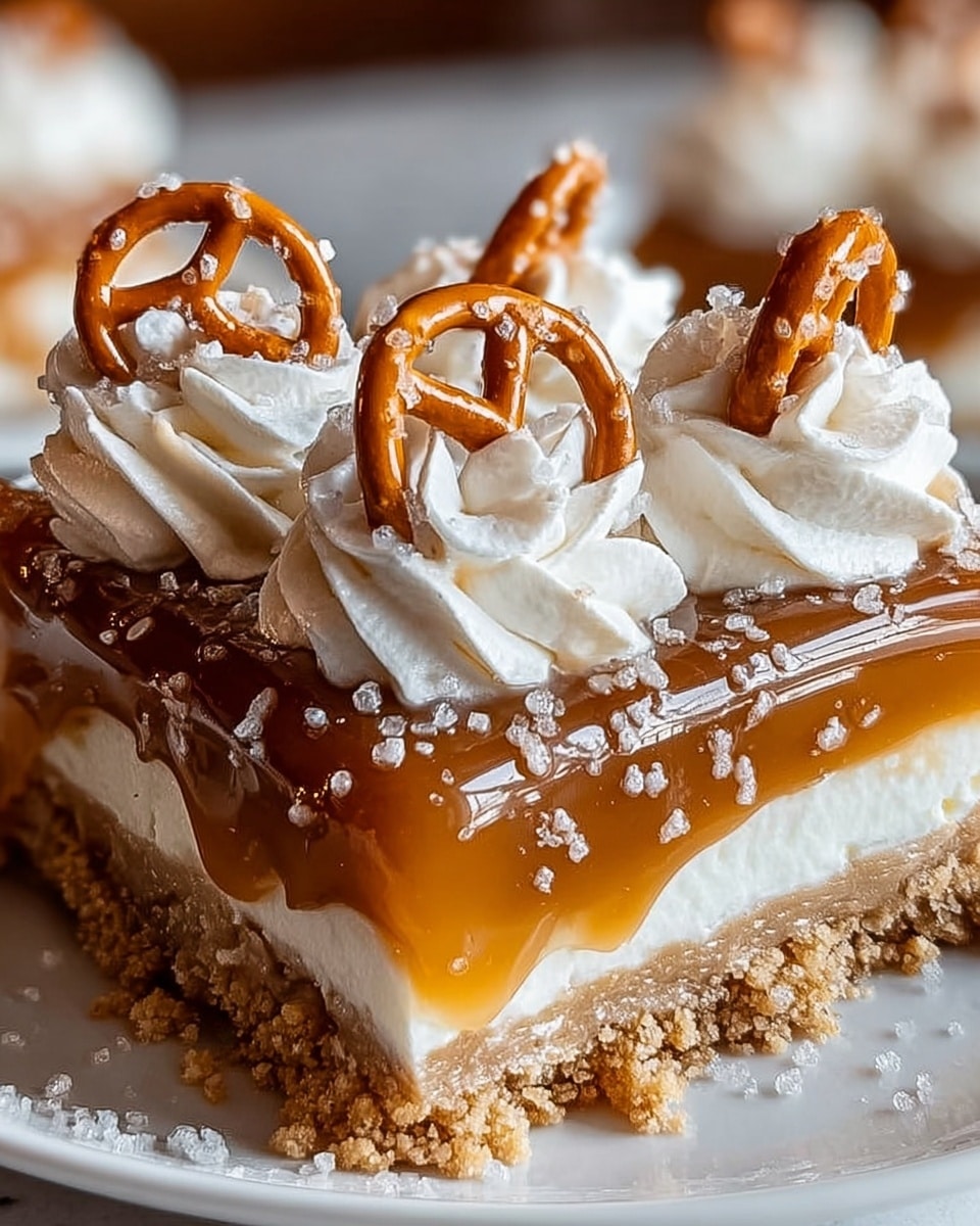A close-up view of a square dessert piece on a white plate, showing three visible layers: a crumbly light brown base layer, a thick middle layer of smooth white cream, and a glossy caramel layer dripping slightly over the edges. On top, white whipped cream is piped in swirls, each topped with mini pretzels coated in caramel and sprinkled with white coarse salt. The background is softly blurred with a white marbled texture, emphasizing the rich textures and shiny caramel glaze on the dessert. photo taken with an iphone --ar 4:5 --v 7