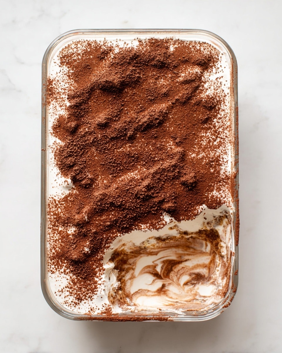 A clear glass rectangular dish filled with a creamy white base layer that is smooth and thick, topped with a generous, uneven layer of dark brown cocoa powder spread across the surface, with a small section near the bottom right corner partially scooped out, revealing the white creamy layer underneath with swirls of cocoa mixing slightly into it. The dish sits on a white marbled texture. photo taken with an iphone --ar 4:5 --v 7