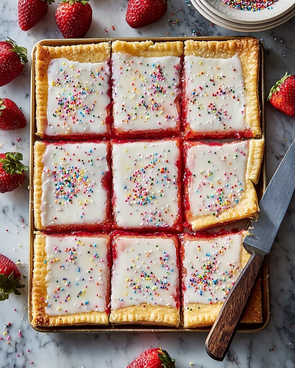 A close-up of a square tart with a golden, flaky crust that has slightly crimped edges. The tart has two main layers: a bottom layer of red strawberry filling with visible fruit pieces, and a thick top layer of smooth white icing. Bright red glaze lines are drizzled diagonally across the icing, and colorful round sprinkles in pink, yellow, green, blue, white, and red are scattered on top. A slice is missing from the tart, showing the thickness of the layers. In the background, fresh whole strawberries are placed on a white marbled surface, which also has a few sprinkles scattered around. photo taken with an iphone --ar 4:5 --v 7