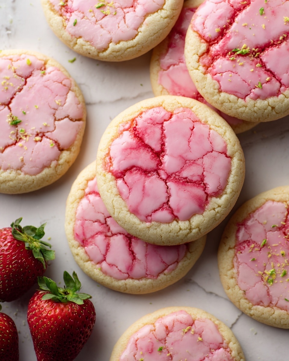 A stack of four soft cookies with a cracked top layer showing red fruit jam swirled inside, each cookie having a light beige dough base with bright red jam patches and a slightly powdery texture on top. The cookies are thick and round, arranged on a wire rack placed on a white marbled surface, with some fresh strawberries blurred in the background and a small yellow flower in the corner. The close-up shows the jam seeping through the cracks in the dough, giving a fresh and inviting look. Photo taken with an iphone --ar 4:5 --v 7