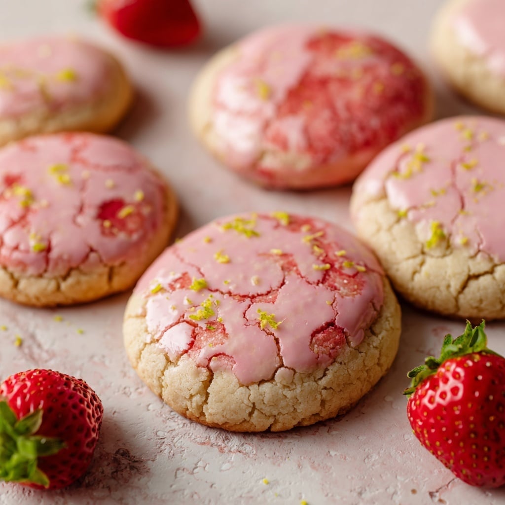 The image shows several round cookies spread out on a textured white marbled surface. Each cookie has one layer with a cracked pink glaze on top that reveals a shiny, glossy red strawberry swirl underneath. Some cookies are sprinkled with little yellow specks and tiny green leaves. The cookies have a light beige base with the pink glaze unevenly covering the top surface, creating a rough texture with visible cracks. Fresh strawberries with green leaves sit at the bottom left corner, adding a bright red contrast to the soft pastel colors of the cookies. Photo taken with an iphone --ar 4:5 --v 7