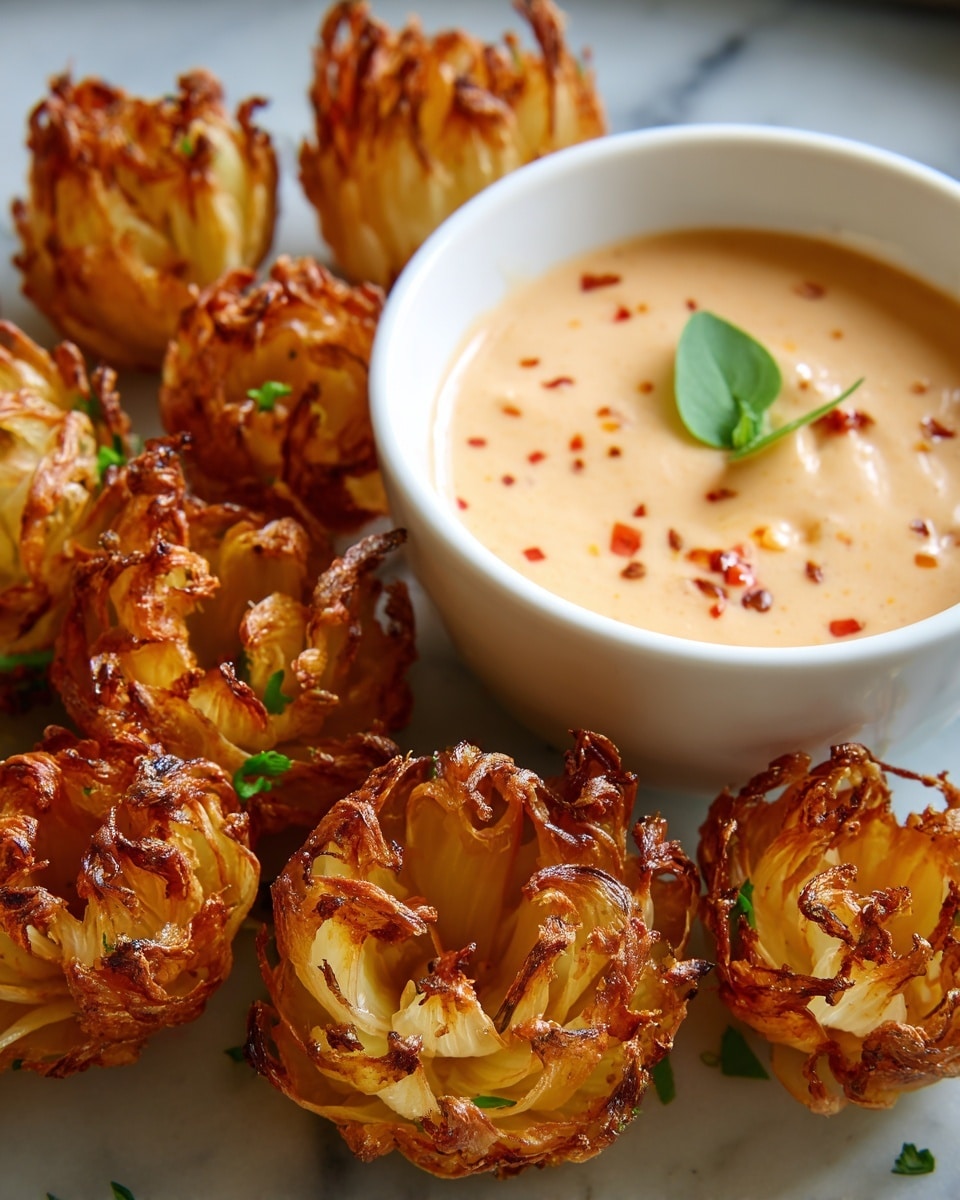 The image shows a close-up of several golden-brown crispy onion blossoms with curled, slightly charred petal edges made of multiple layers of thin onion slices. They are arranged around a white bowl filled with creamy, pale orange dipping sauce topped with small red specks and a green herb leaf for garnish. The contrast of the crunchy texture of the onion petals and the smooth sauce is clear. The dish sits on a white marbled surface. photo taken with an iphone --ar 4:5 --v 7