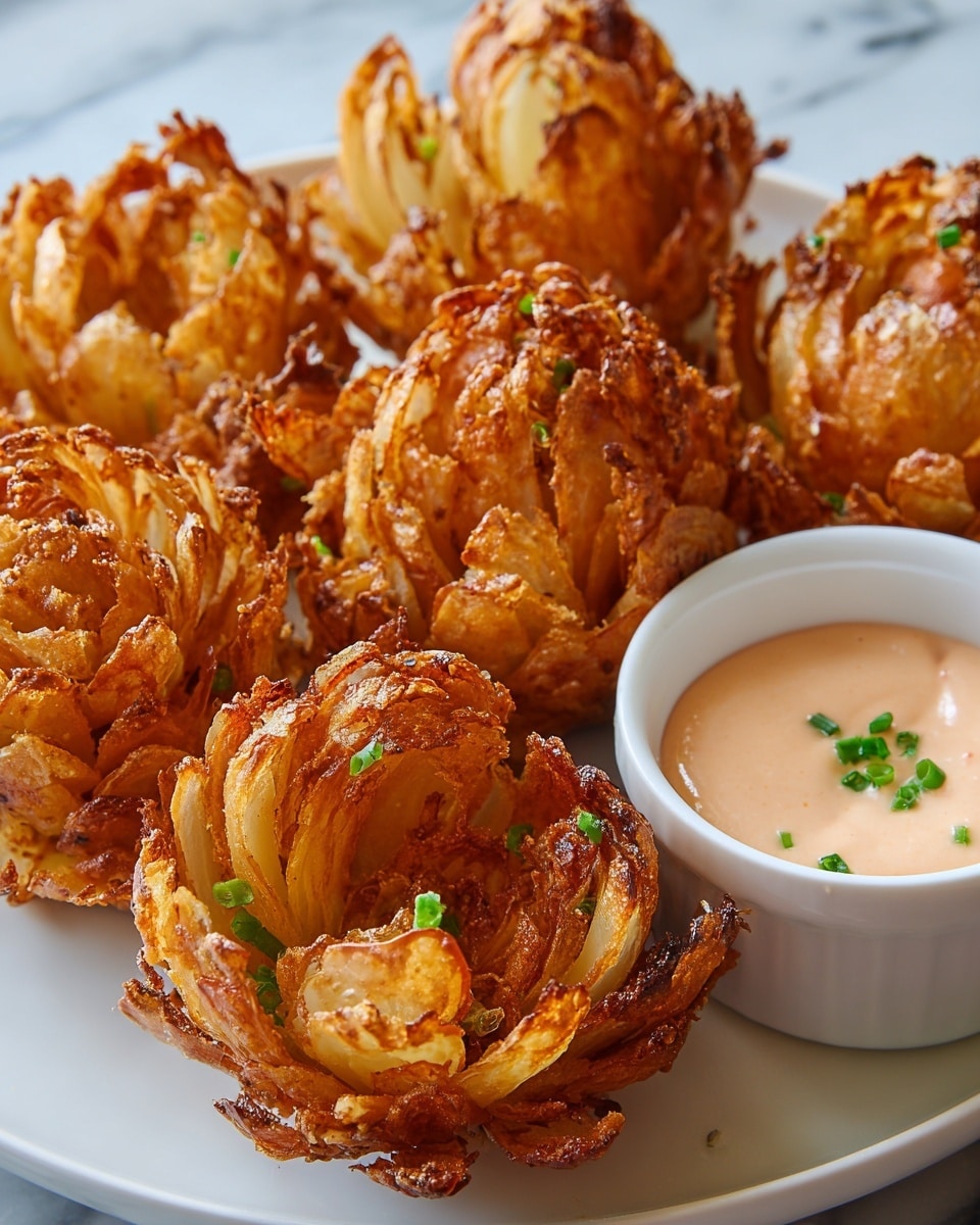 The image shows a close-up of several blooming onions, each with multiple layered golden-brown, crispy petals that have a crunchy texture and slightly charred tips, arranged closely on a white plate. The onions’ layered petals spread outwards in a flower-like shape, with the innermost layers being lighter and shinier and the outer layers more textured and richly fried. Next to the blooming onions, there is a small white ramekin filled with a smooth, light pinkish-orange dipping sauce topped with small green chive bits. The entire scene is set on a white marbled surface, emphasizing the warm colors and textures of the fried onions and sauce. photo taken with an iphone --ar 4:5 --v 7