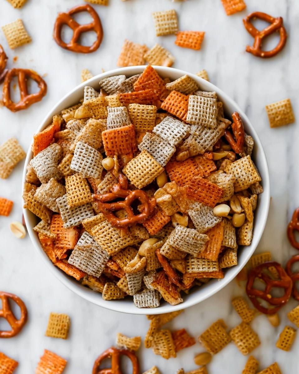 A white bowl filled with a mix of crunchy snacks, including light beige and brown square cereal pieces with a grid texture, bright orange square cheese crackers with small holes in the center, shiny brown pretzels with a smooth surface and classic twisted shape, and a few scattered peanuts adding a natural tan color. The bowl sits on a white marbled surface with some of the snack mix spilled around it, showing a vibrant mix of colors and textures that give a fresh, inviting look. photo taken with an iphone --ar 4:5 --v 7