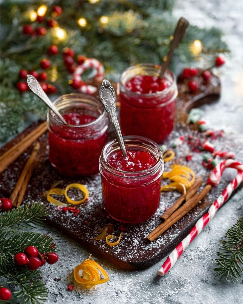 The image shows three small glass jars filled with bright red jam, each with a silver spoon inside. The jars sit on a dark wooden board sprinkled lightly with sugar or flour. Surrounding the jars are cinnamon sticks, small green pine branches, candy canes, and yellow-orange citrus peel curls, giving a festive look. The background surface is a white marbled texture. The setting is cozy and colorful with a mix of natural elements and holiday decoration. Photo taken with an iphone --ar 4:5 --v 7