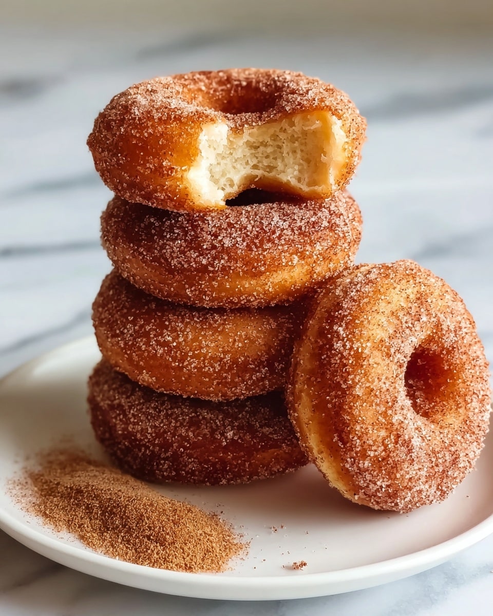 A stack of four golden-brown cinnamon sugar-coated donuts sits on a white plate placed on a white marbled surface. The top donut has a bite taken out of it, showing a soft, fluffy, and light interior with a slight crumb texture. The donuts have a rough sugar coating that sparkles slightly in the light, and a fifth donut leans against the stack showing its round hole clearly. On the plate near the donuts is a small pile of loose cinnamon sugar powder. photo taken with an iphone --ar 4:5 --v 7