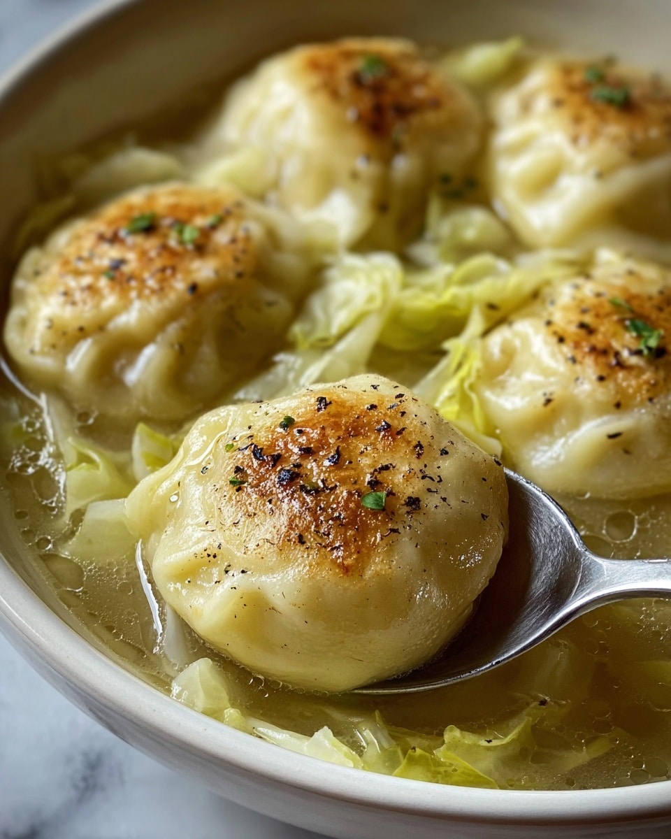The image shows a close-up of five dumplings submerged in a clear broth inside a white bowl, placed on a white marbled surface. Each dumpling has a pale yellow, soft dough exterior with a slightly browned, golden-baked top sprinkled with black pepper and small green herbs. The dumplings rest on light green, translucent cabbage leaves that add texture around the edges. One dumpling is lifted by a metal spoon from the bottom right, showing the round shape and smooth texture of the dough with droplets of broth glistening on its surface. The scene looks warm and inviting with soft lighting highlighting the dumplings' glossy and tender appearance. photo taken with an iphone --ar 4:5 --v 7