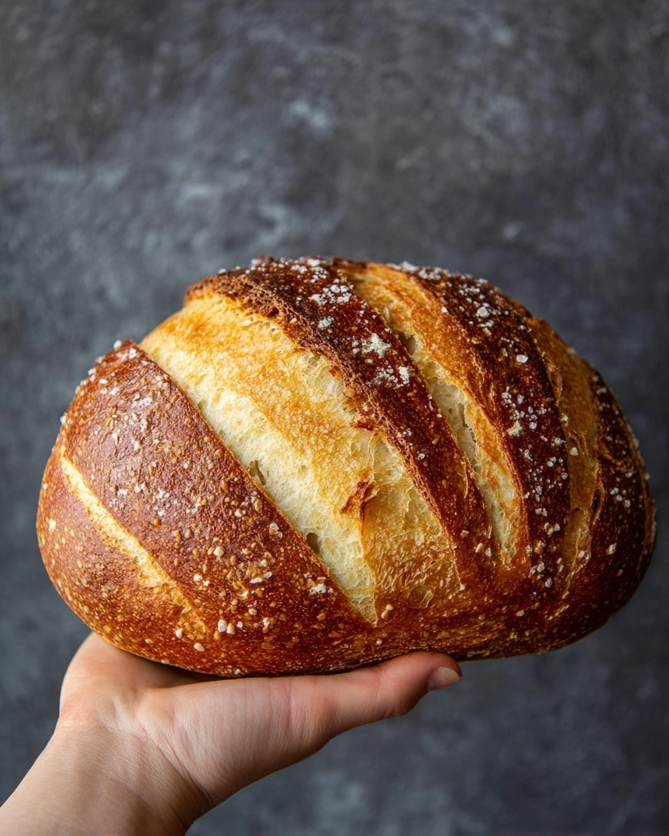 A golden brown loaf of bread is held in a woman's hand, showing its shiny, crisp crust sprinkled with coarse salt or grains on top. The bread has three deep diagonal slashes on the upper surface, revealing the soft, light beige interior inside. The crust has a textured, rustic look with some bubbles and cracks, while the light inside looks airy and soft. The background is a textured dark gray wall, making the bread's colors stand out clearly. photo taken with an iphone --ar 4:5 --v 7