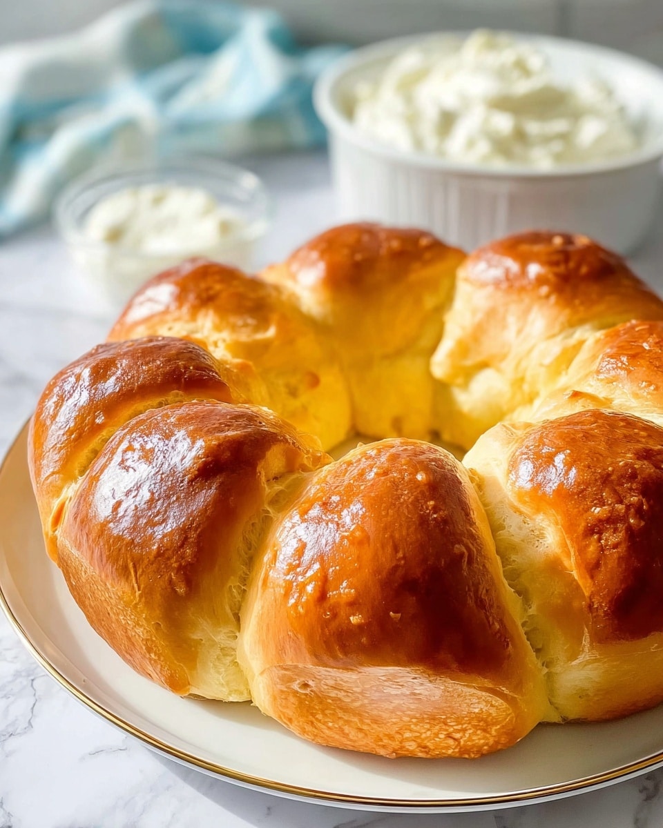 A round bread wreath with eight thick, soft golden brown segments that are shiny and slightly puffy on top, showing a smooth texture with some air bubbles. The bread sits on a white plate with a thin gold rim, placed on a white marbled surface. In the background, slightly out of focus, there is a white bowl filled with creamy white whipped topping and a light blue and white cloth. The lighting is natural and bright, highlighting the bread's glossy finish and soft texture. photo taken with an iphone --ar 4:5 --v 7