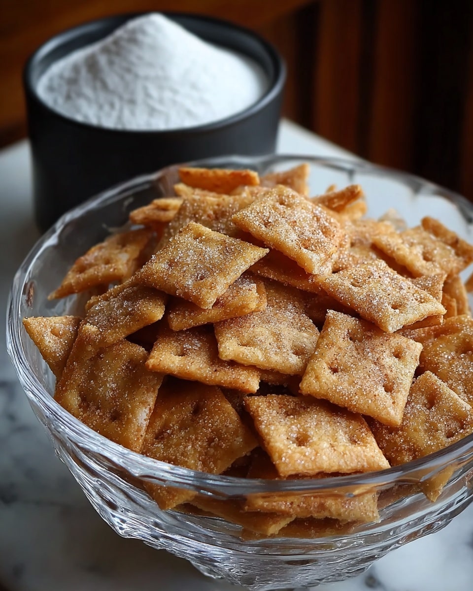 A clear glass bowl filled with many small, golden-brown square crackers sprinkled with sugar and cinnamon, giving them a slightly rough texture; the crackers are piled high, and some show small holes and a light dusting of spices on the surface. Behind the bowl, there is a black container filled with white powdered sugar. The setting includes a white marbled texture surface beneath the bowl, creating a clean and bright look. photo taken with an iphone --ar 4:5 --v 7
