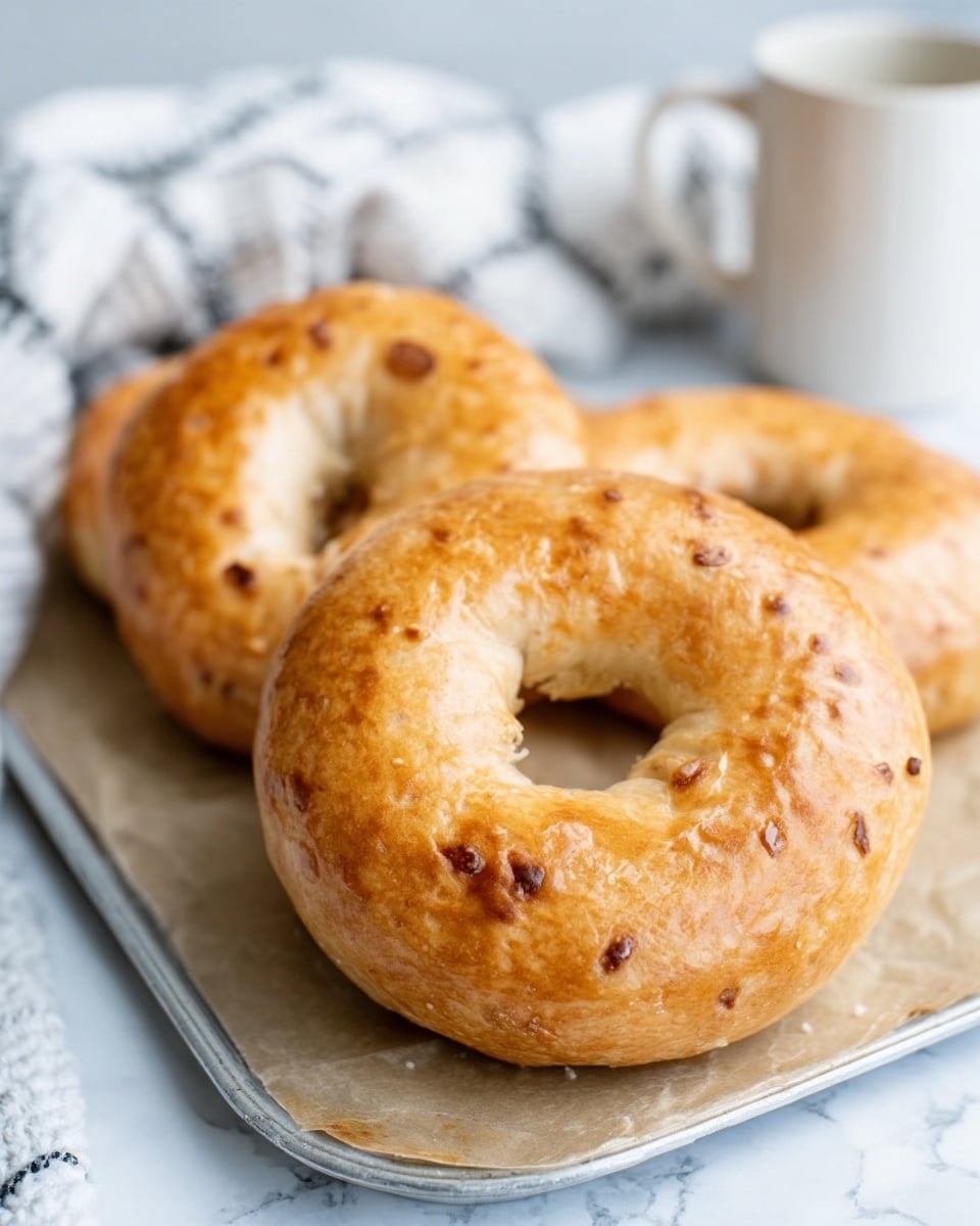 The image shows three golden brown bagels placed on a metal tray on a white marbled surface. The bagels have a shiny, slightly crusty outside with some small air bubbles and light spots, and one is partially cut off on the right side. In the background, there is a soft, out-of-focus white and black striped cloth and a white mug to the right, adding a cozy feel to the scene. The light is natural and bright, highlighting the warm color and texture of the bagels. photo taken with an iphone --ar 4:5 --v 7